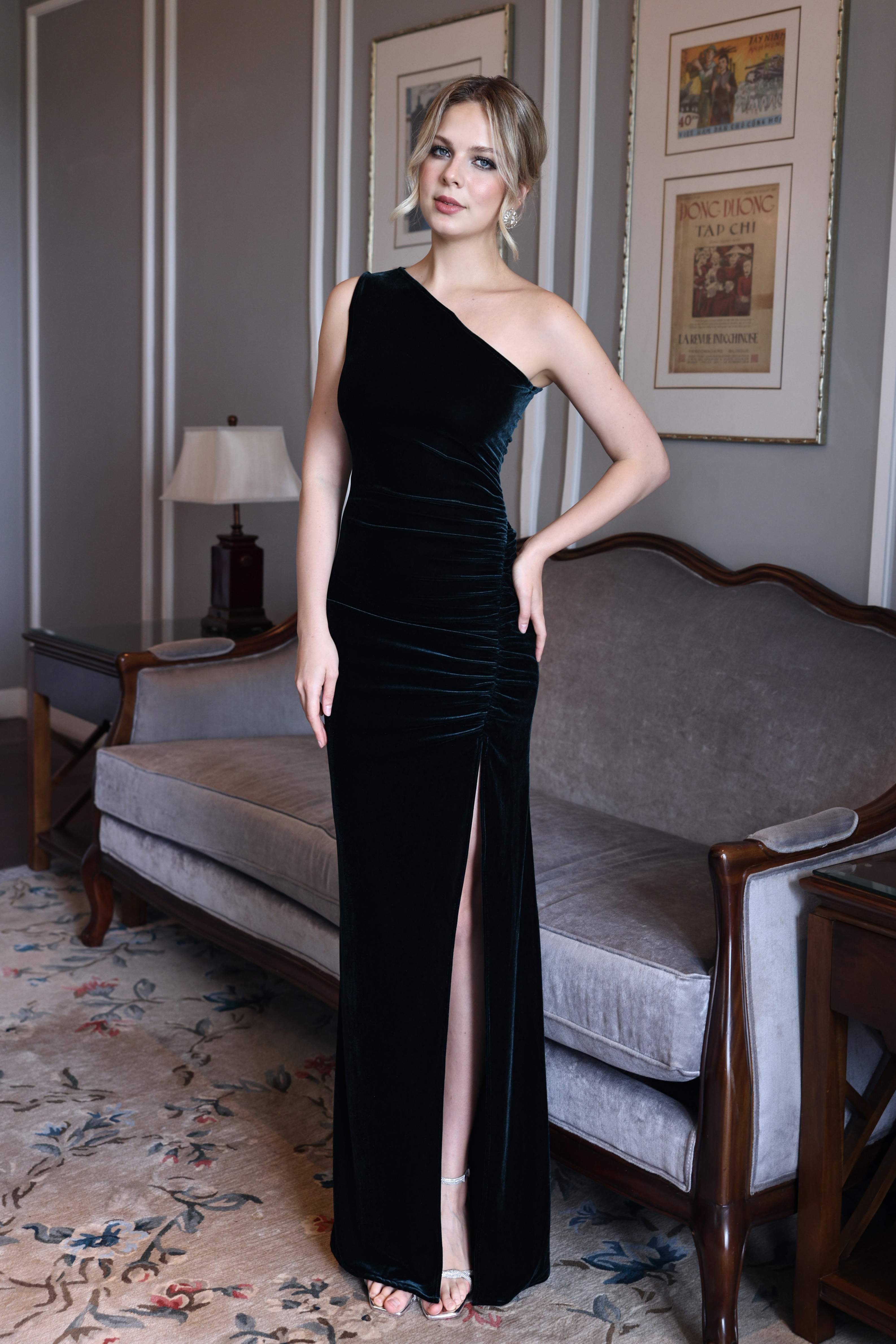Asymmetrical velvet evening dress
