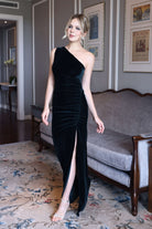 Asymmetrical velvet evening dress