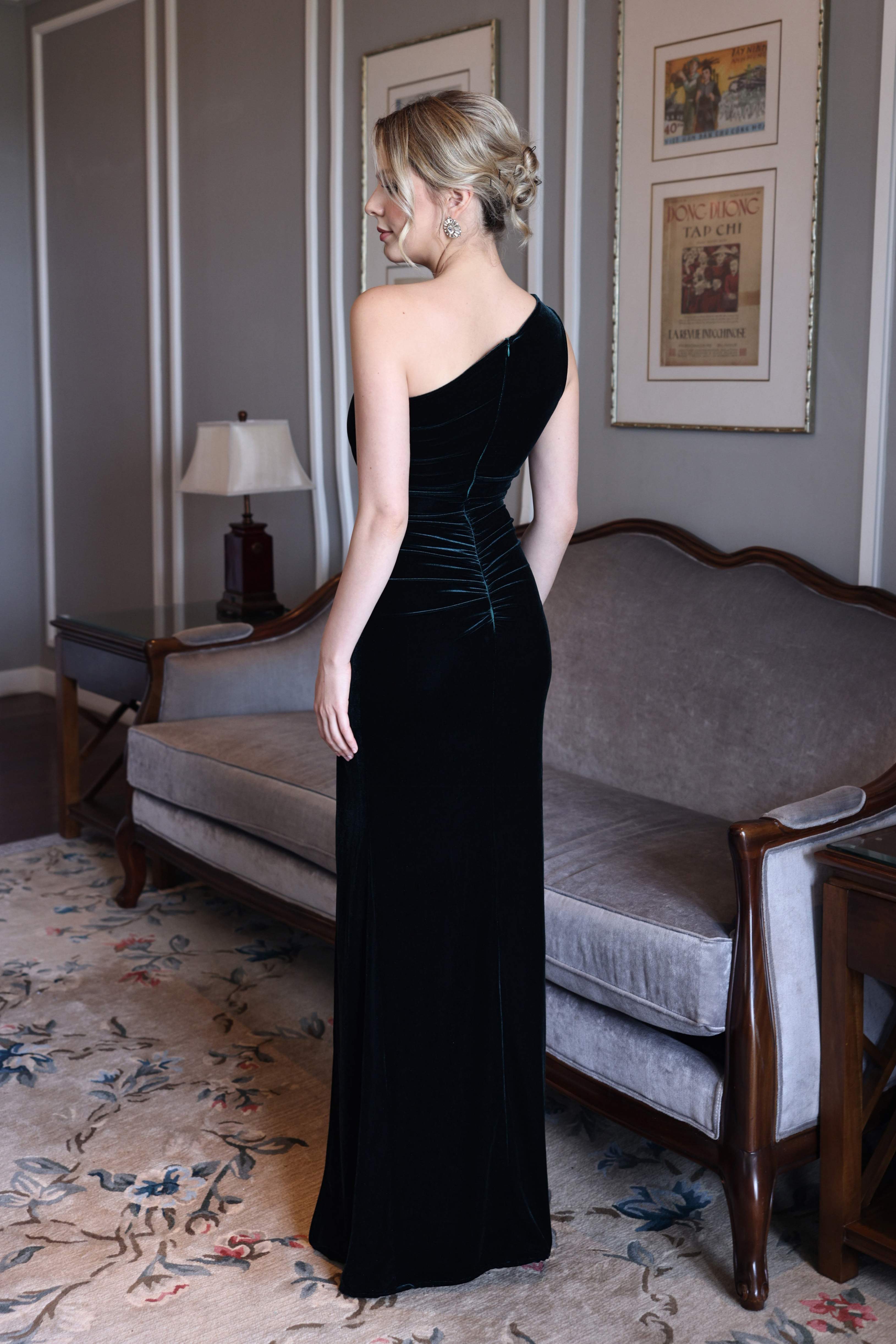 Asymmetrical velvet evening dress