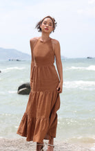 Backless halter linen maxi dress