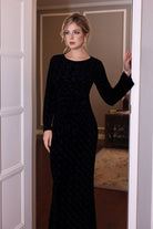 black velvet long sleeve evening dress