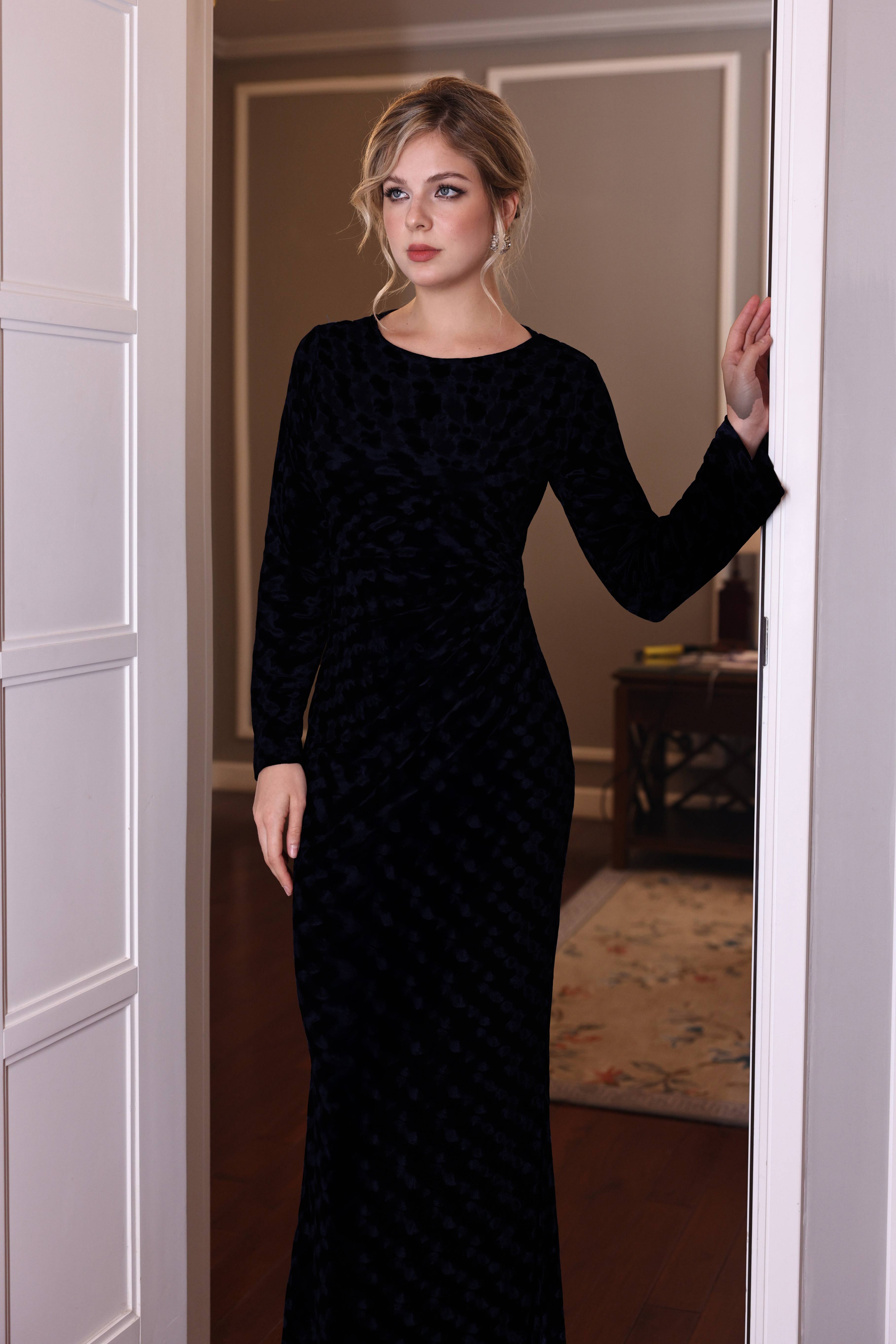 black velvet long sleeve evening dress