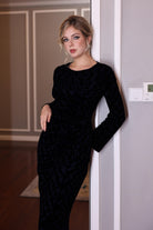 black velvet long sleeve evening dress