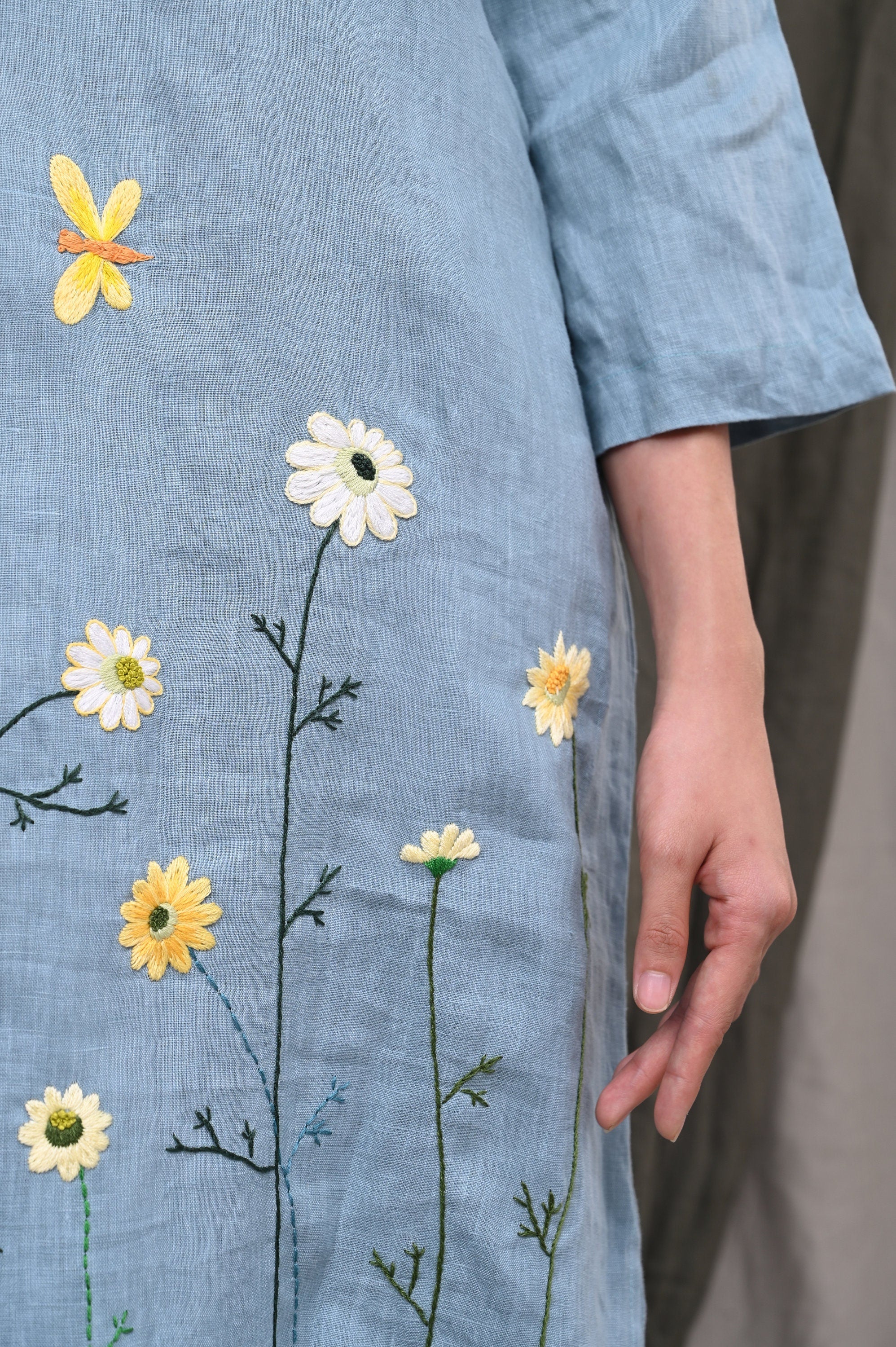 Blue embroidered linen dress