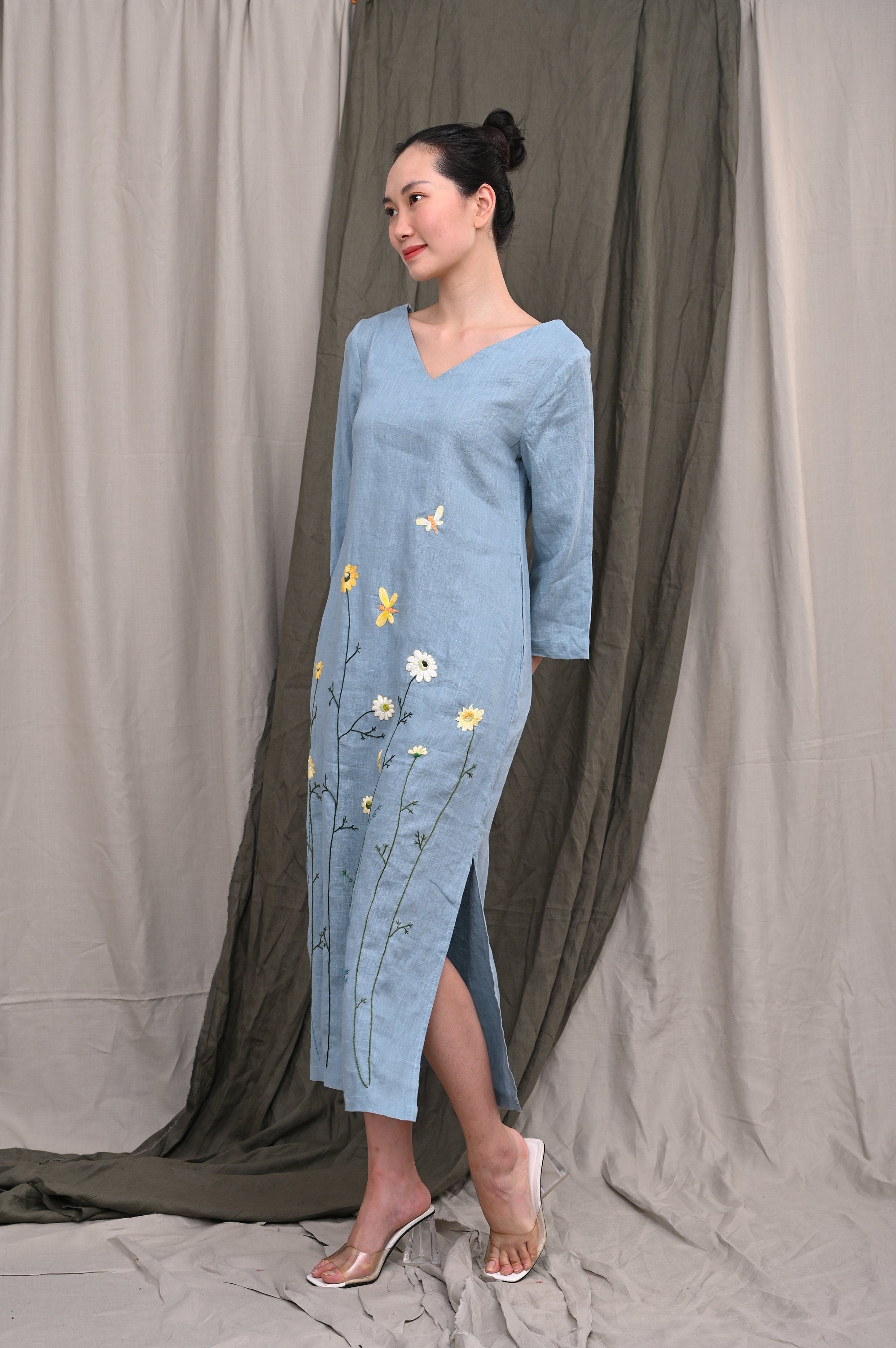 Blue embroidered linen dress