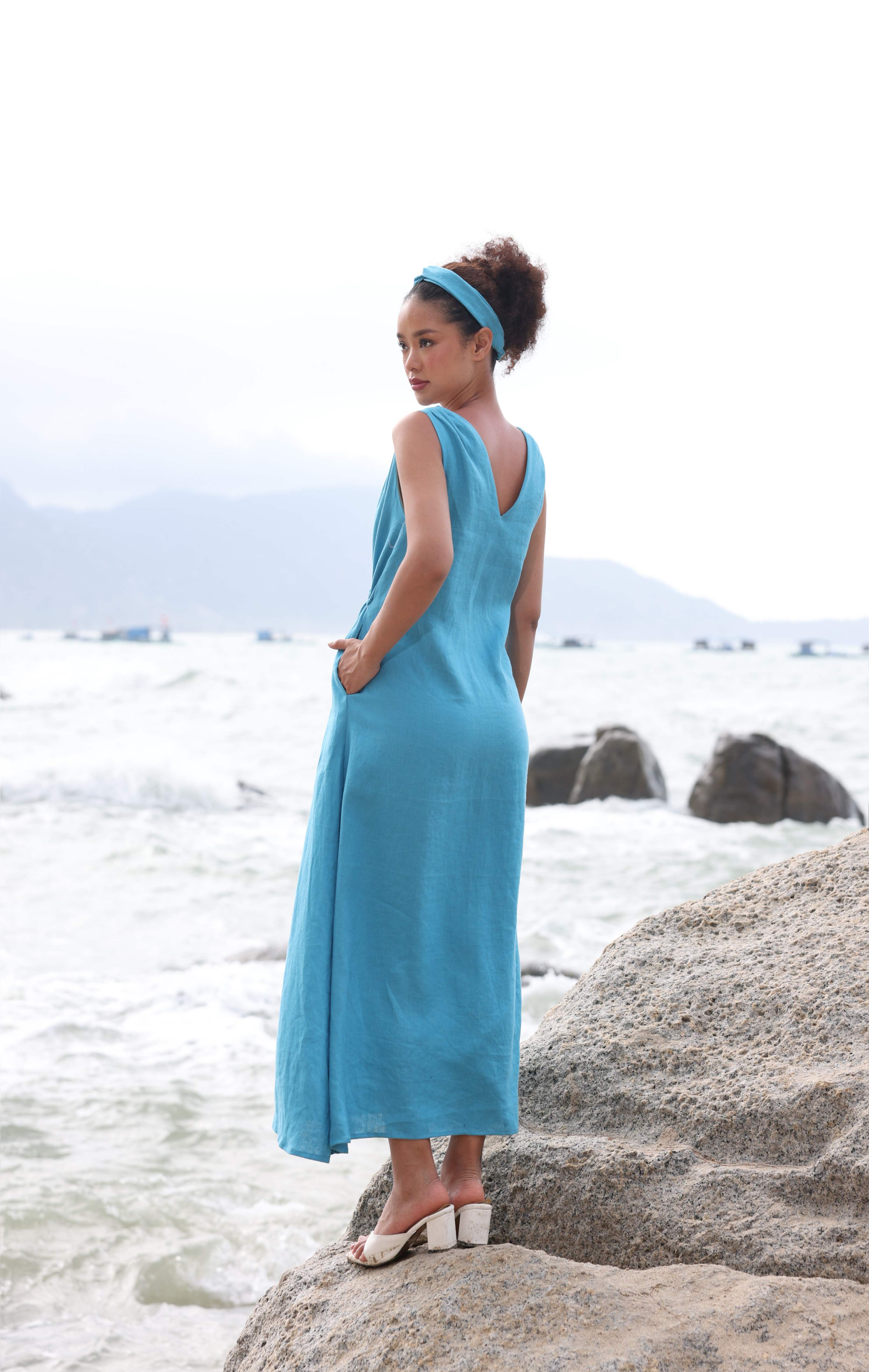 Blue linen midi dress