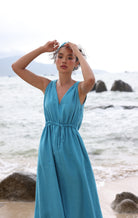 Blue linen midi dress