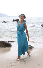 Blue linen midi dress