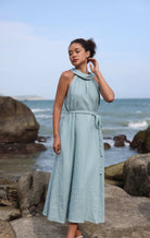 Blue sleeveless linen midi dress
