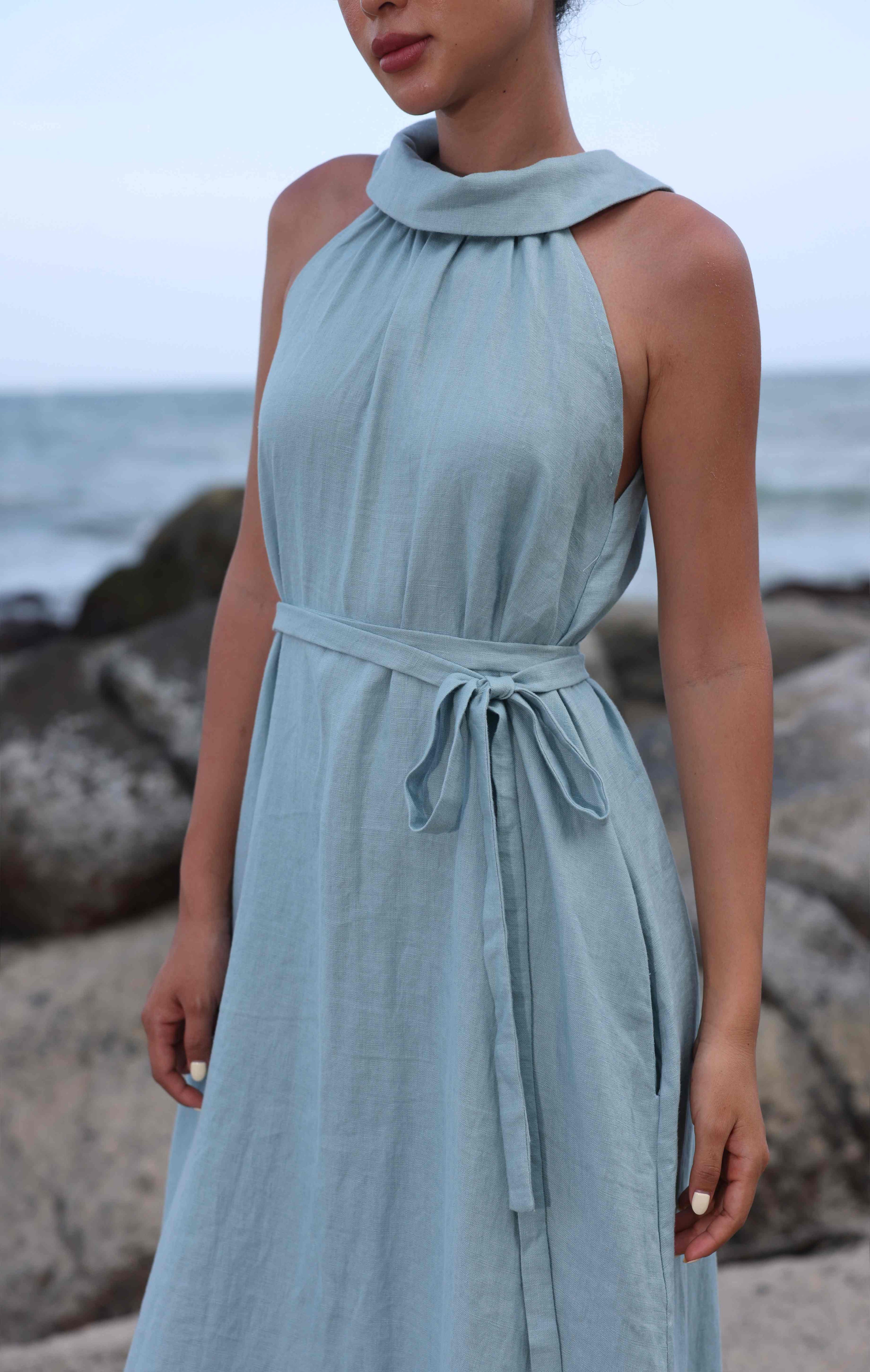 Blue sleeveless linen midi dress
