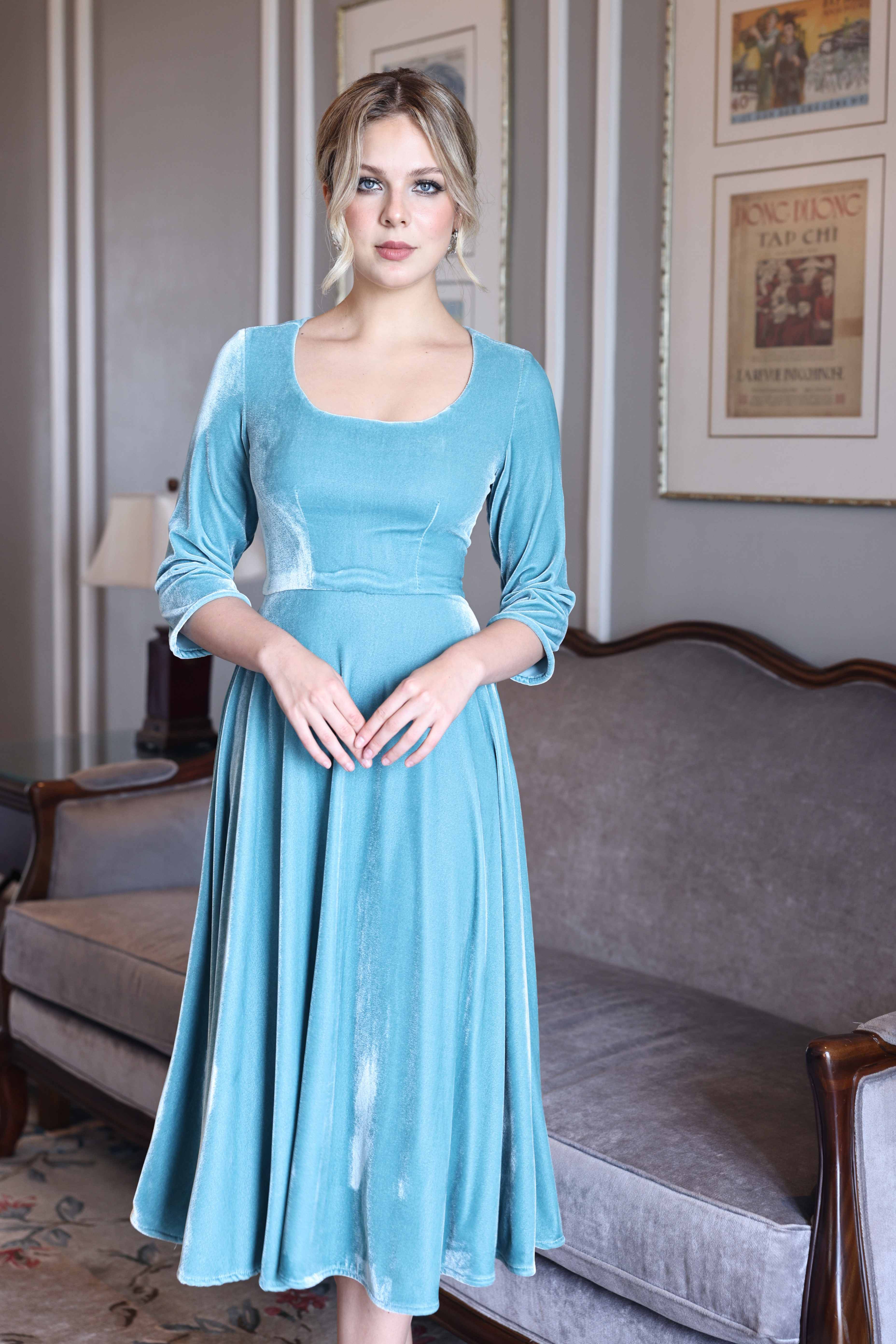 Blue velvet cocktail midi dress