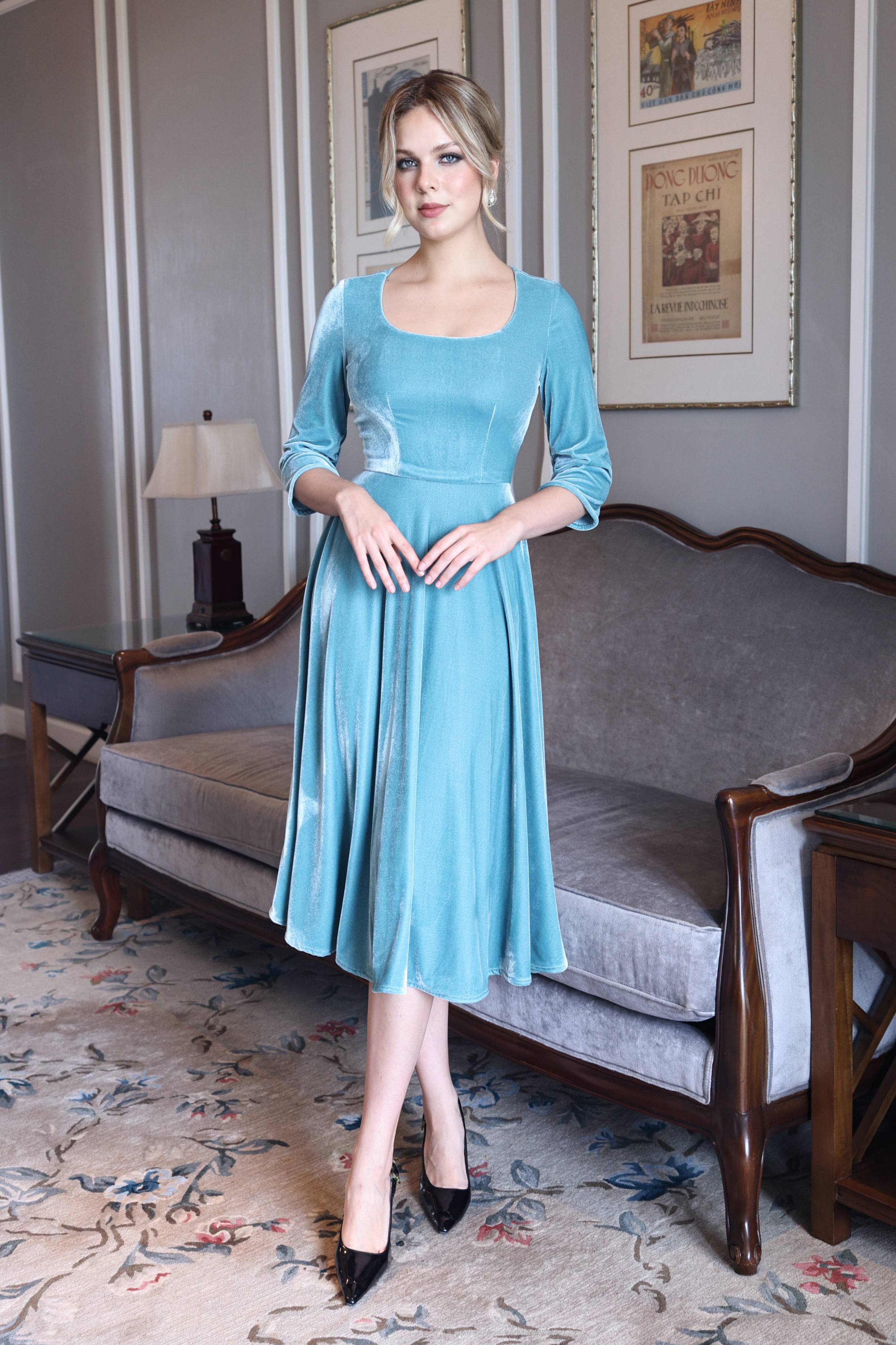Blue velvet cocktail midi dress