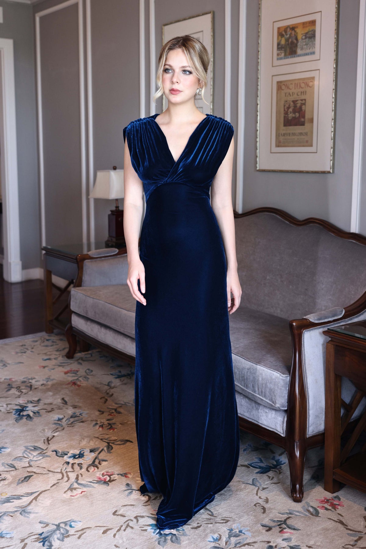 Blue velvet dress for wedding guests NADIA – MYAN ATELIER