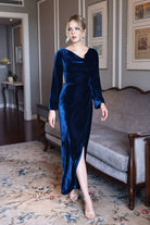 blue velvet evening gown with slit