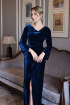 blue velvet evening gown with slit