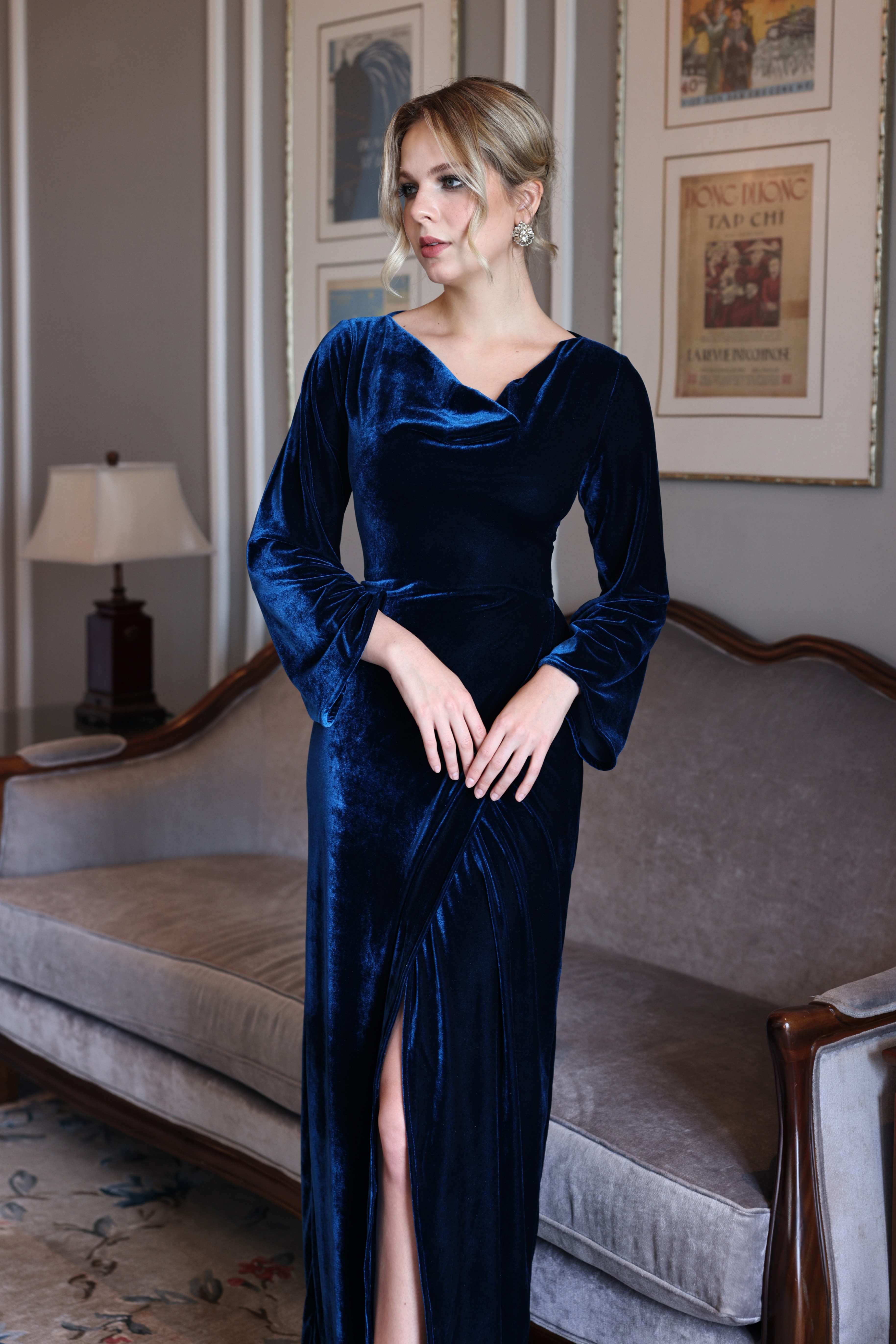 blue velvet evening gown with slit