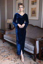 blue velvet evening gown with slit