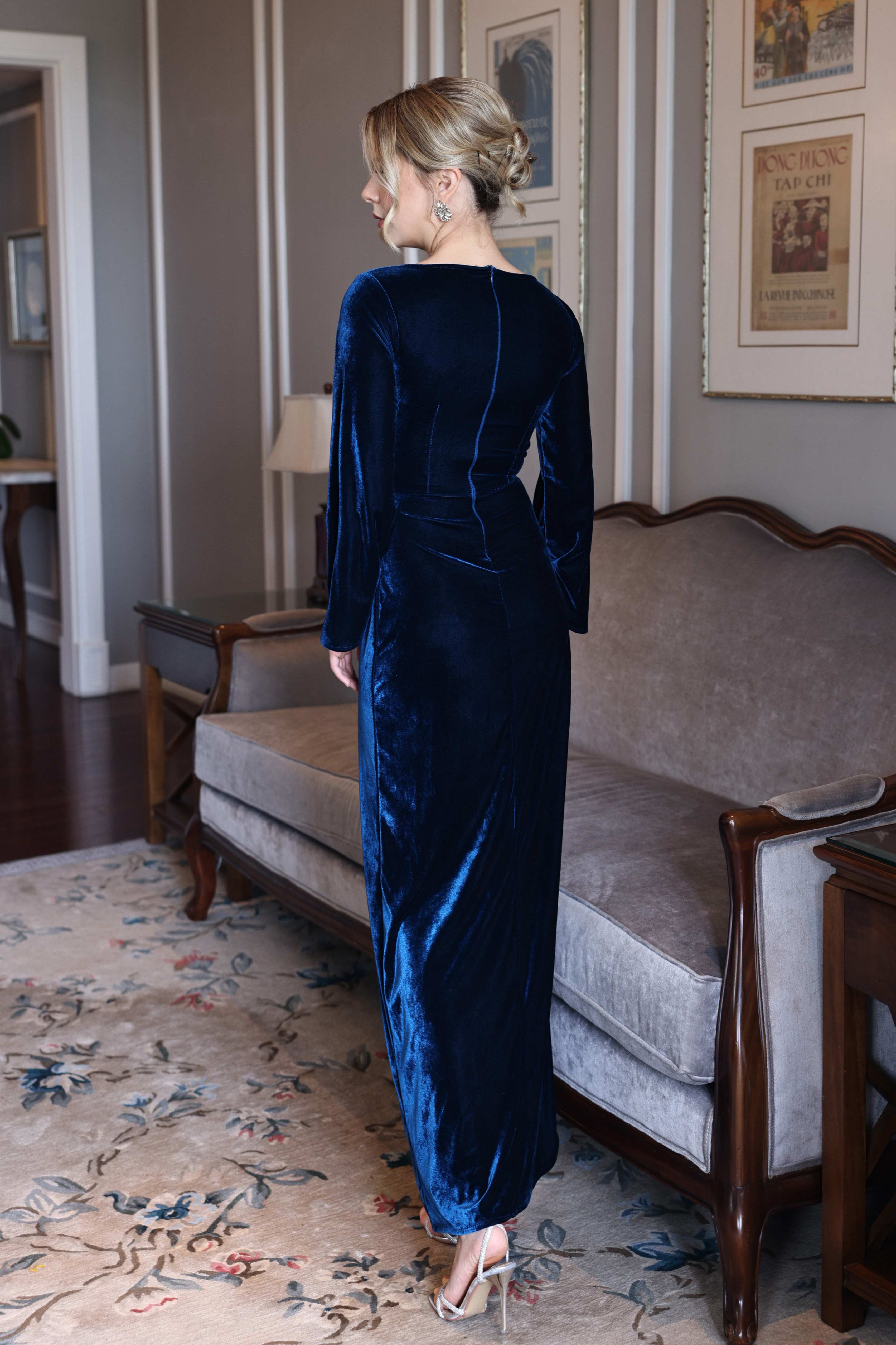 blue velvet evening gown with slit