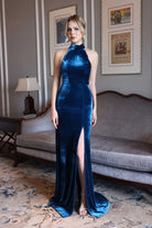 blue velvet halter neck dress