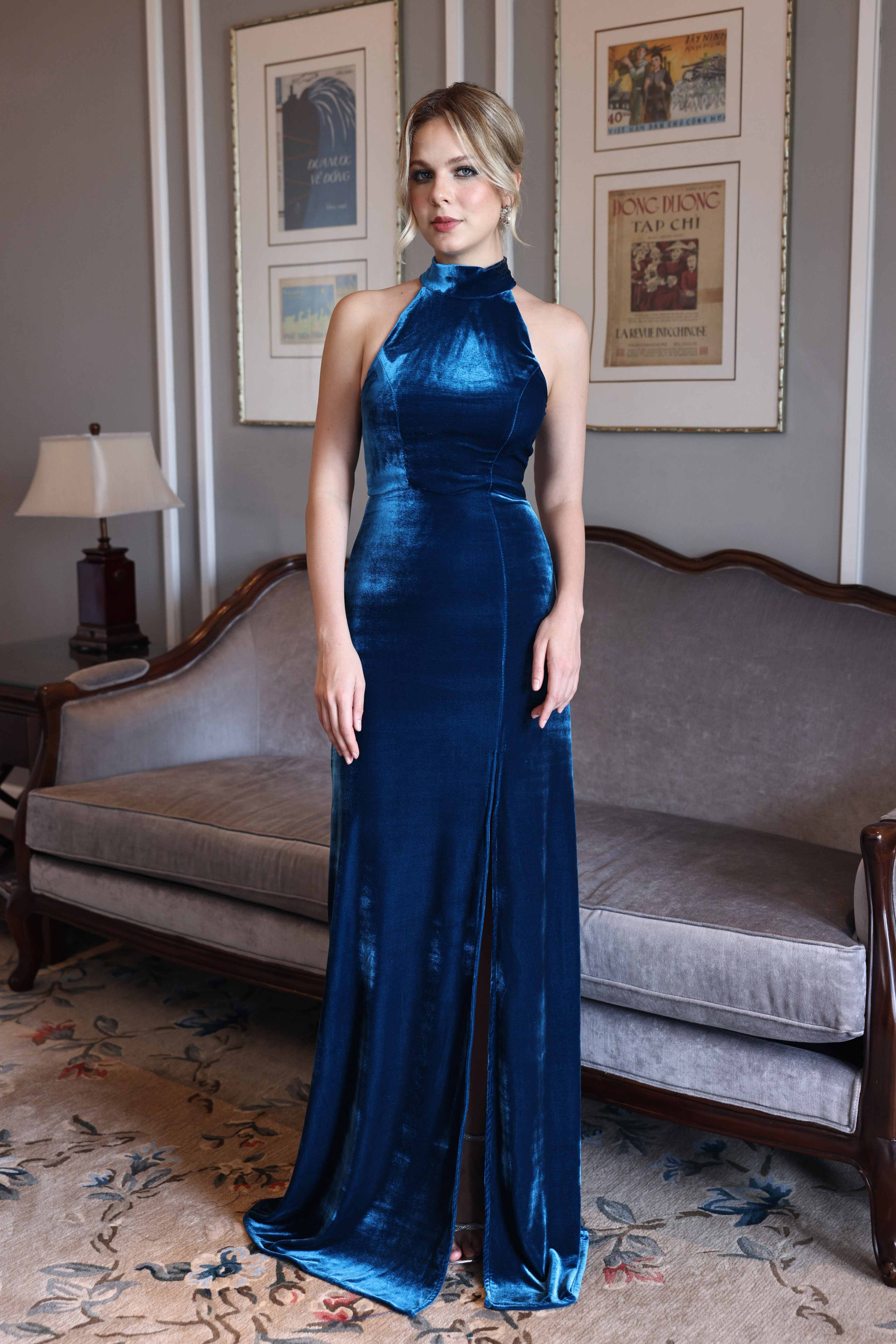 blue velvet halter neck dress