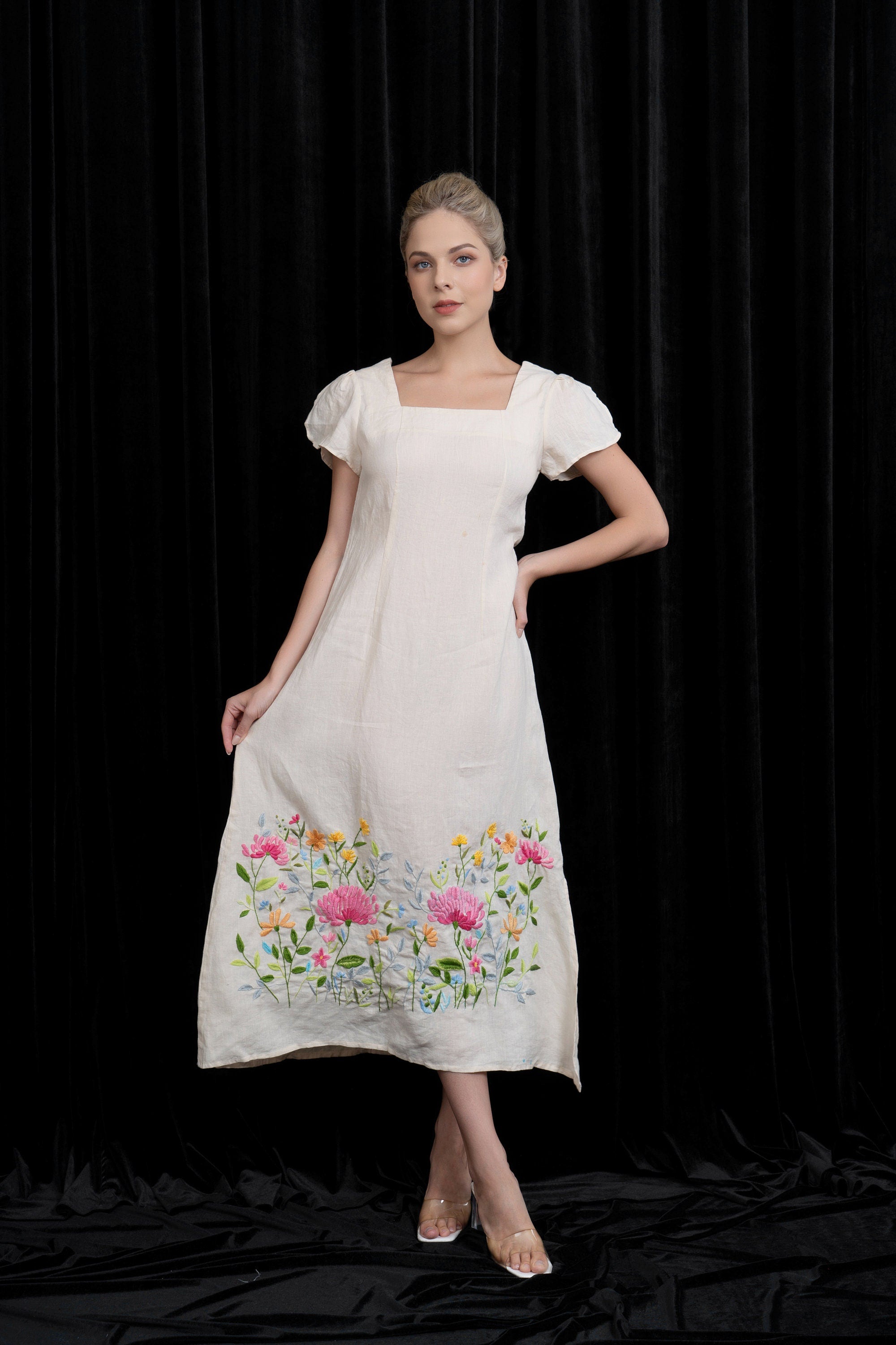 Boho linen embroidered dress