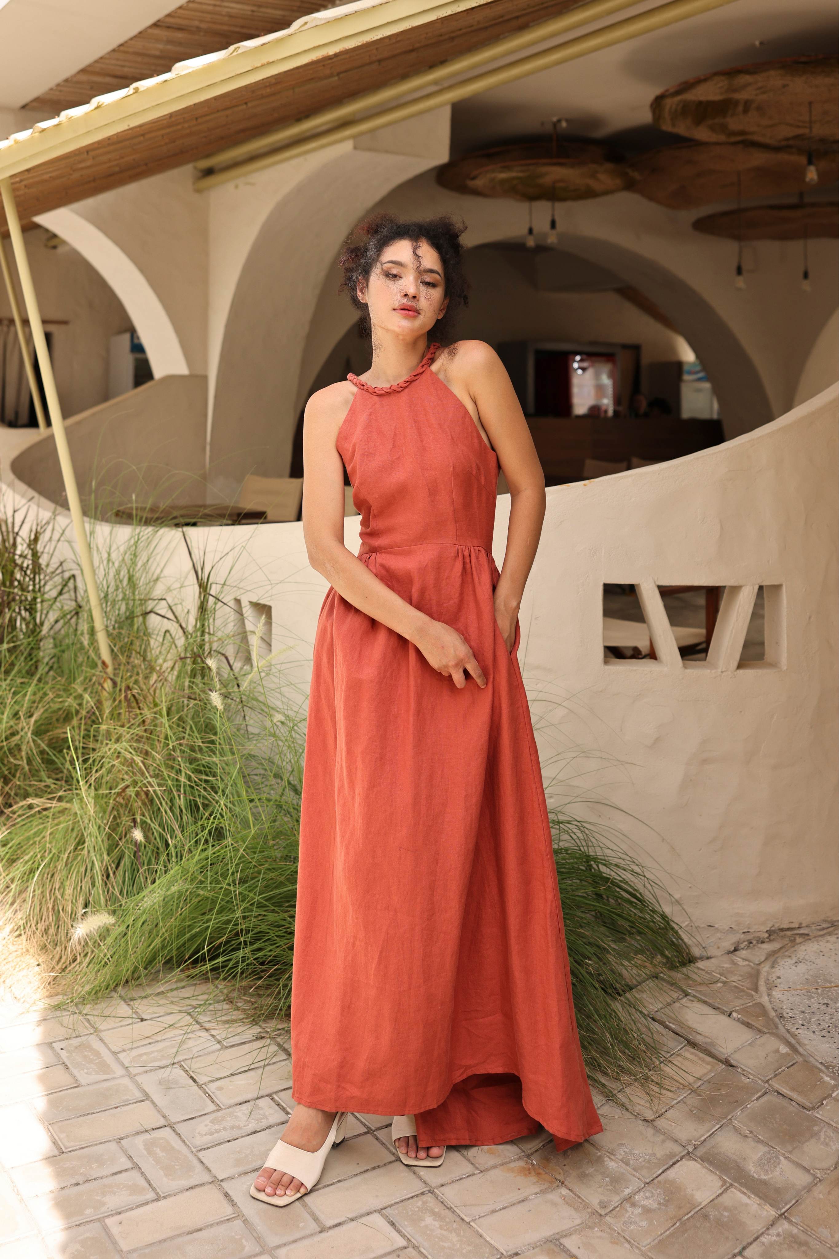 Boho linen halter maxi dress