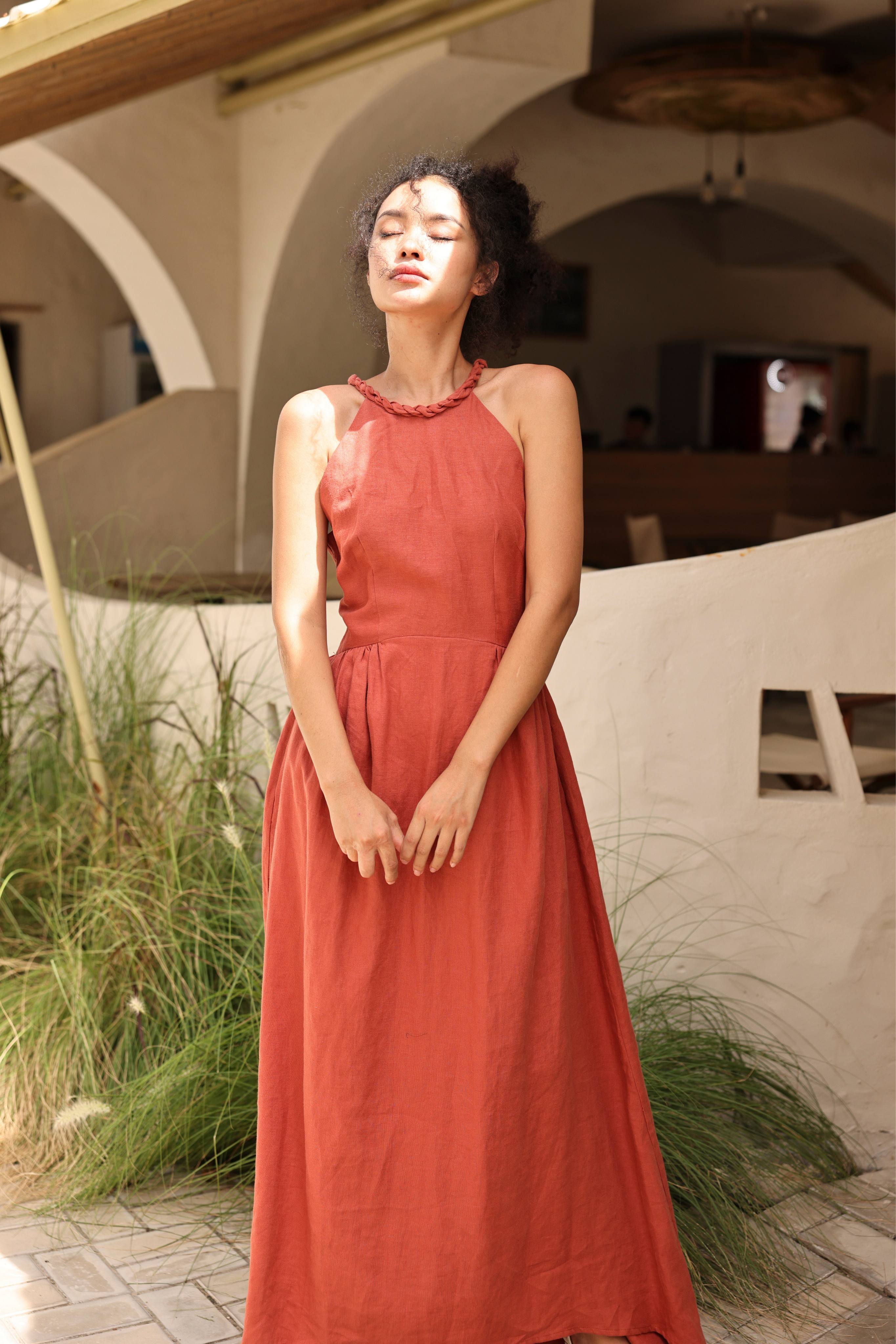 Boho linen halter maxi dress