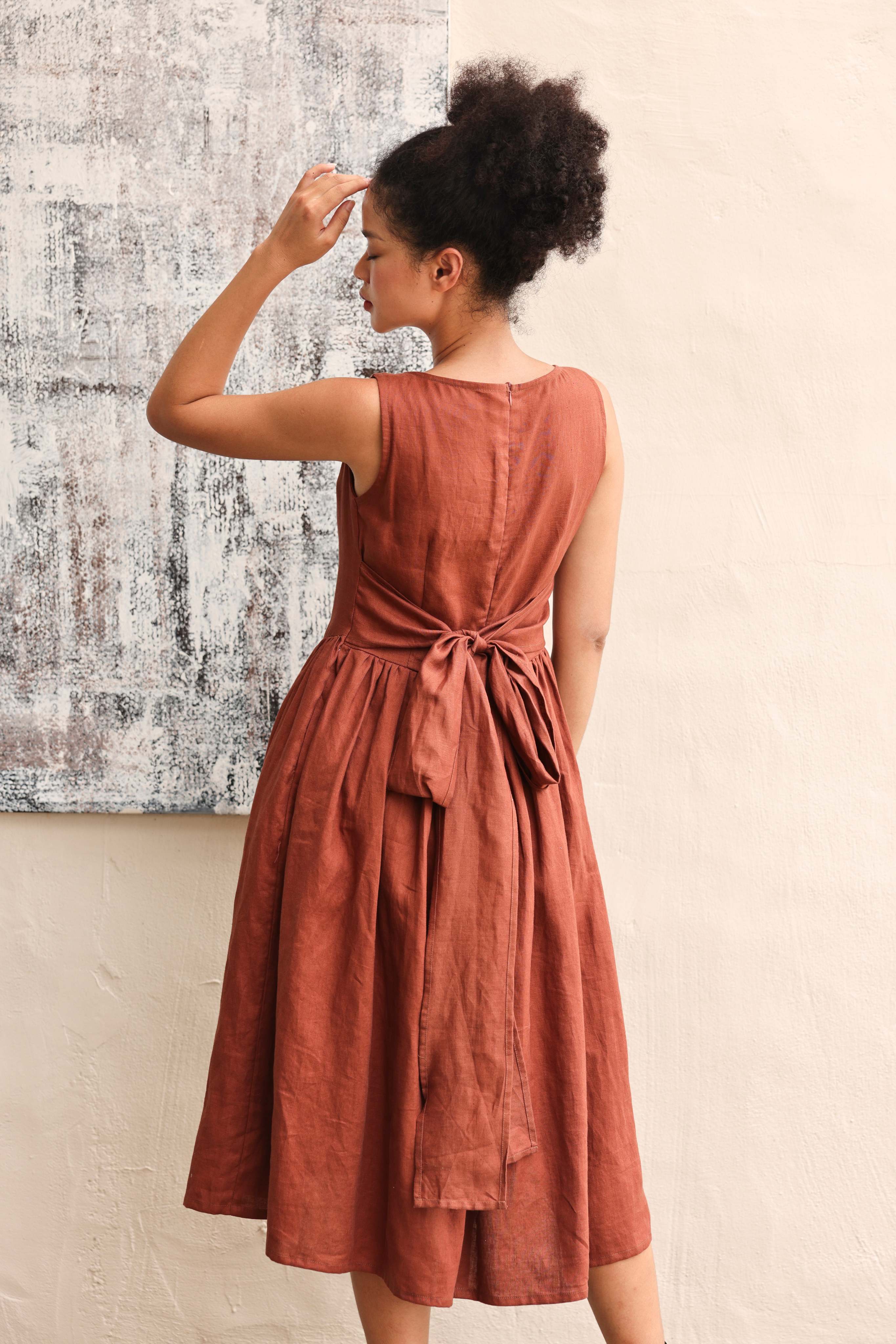Bow back linen dress