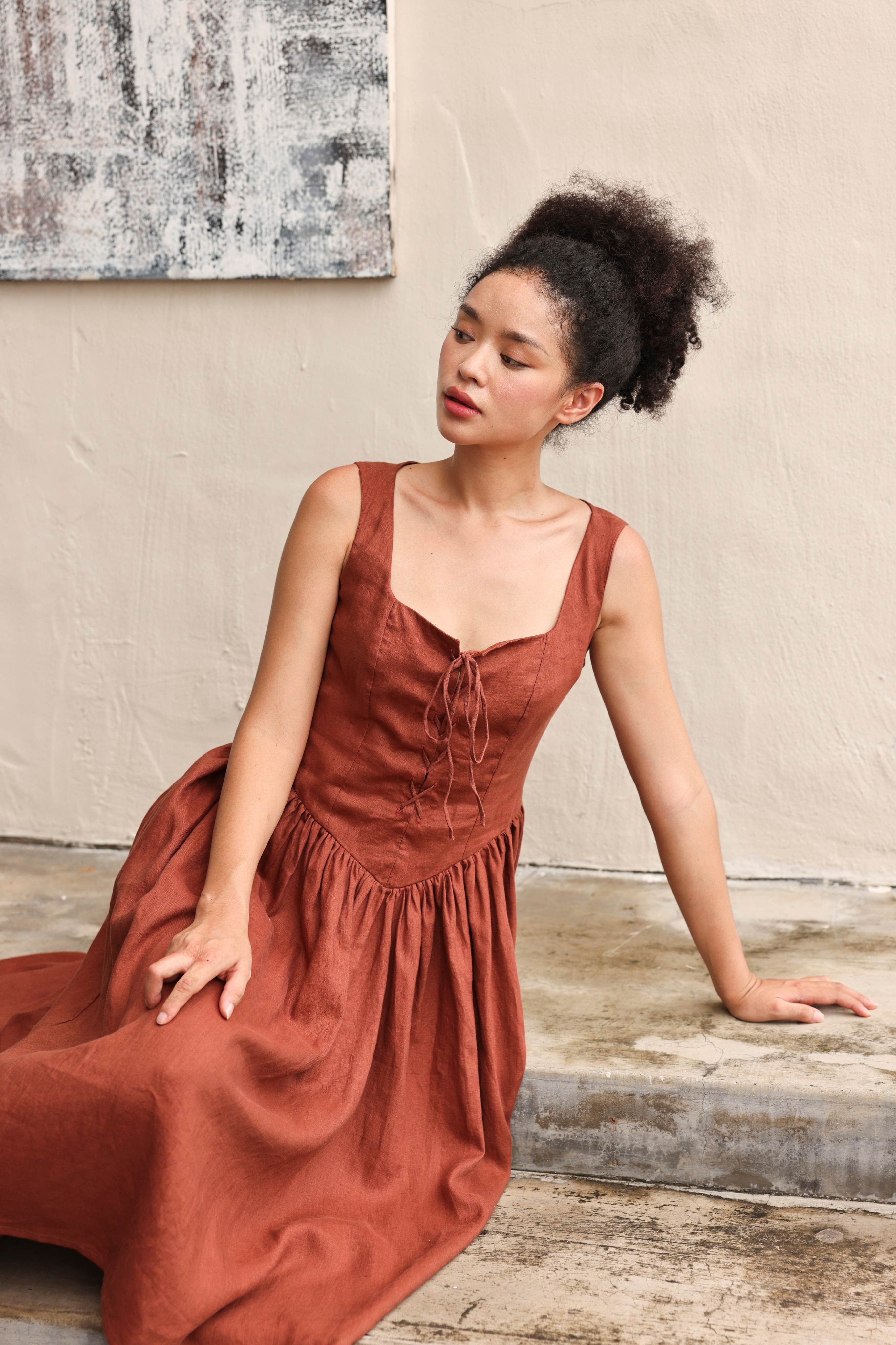 Bow back linen dress