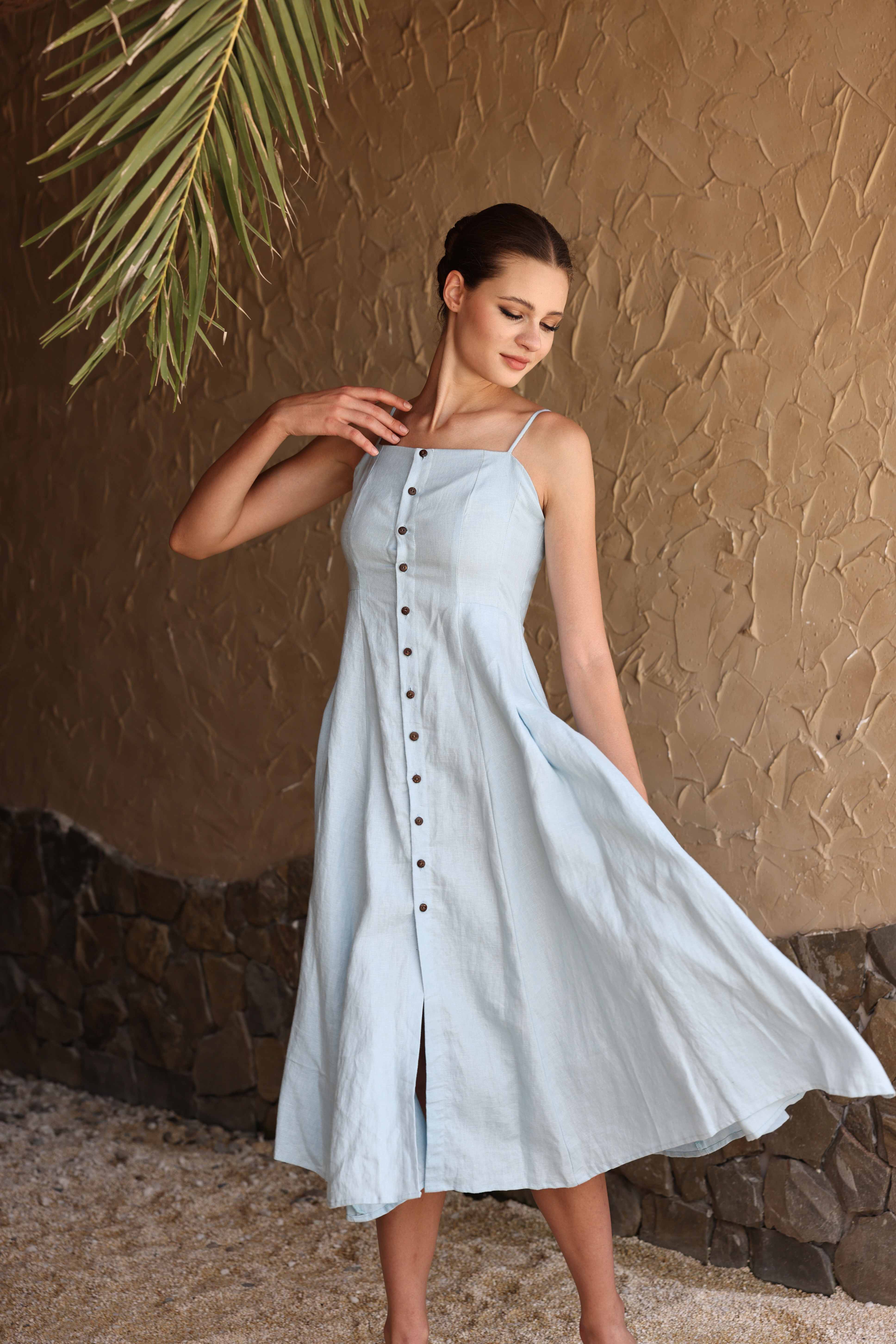 Button-down strap linen dress