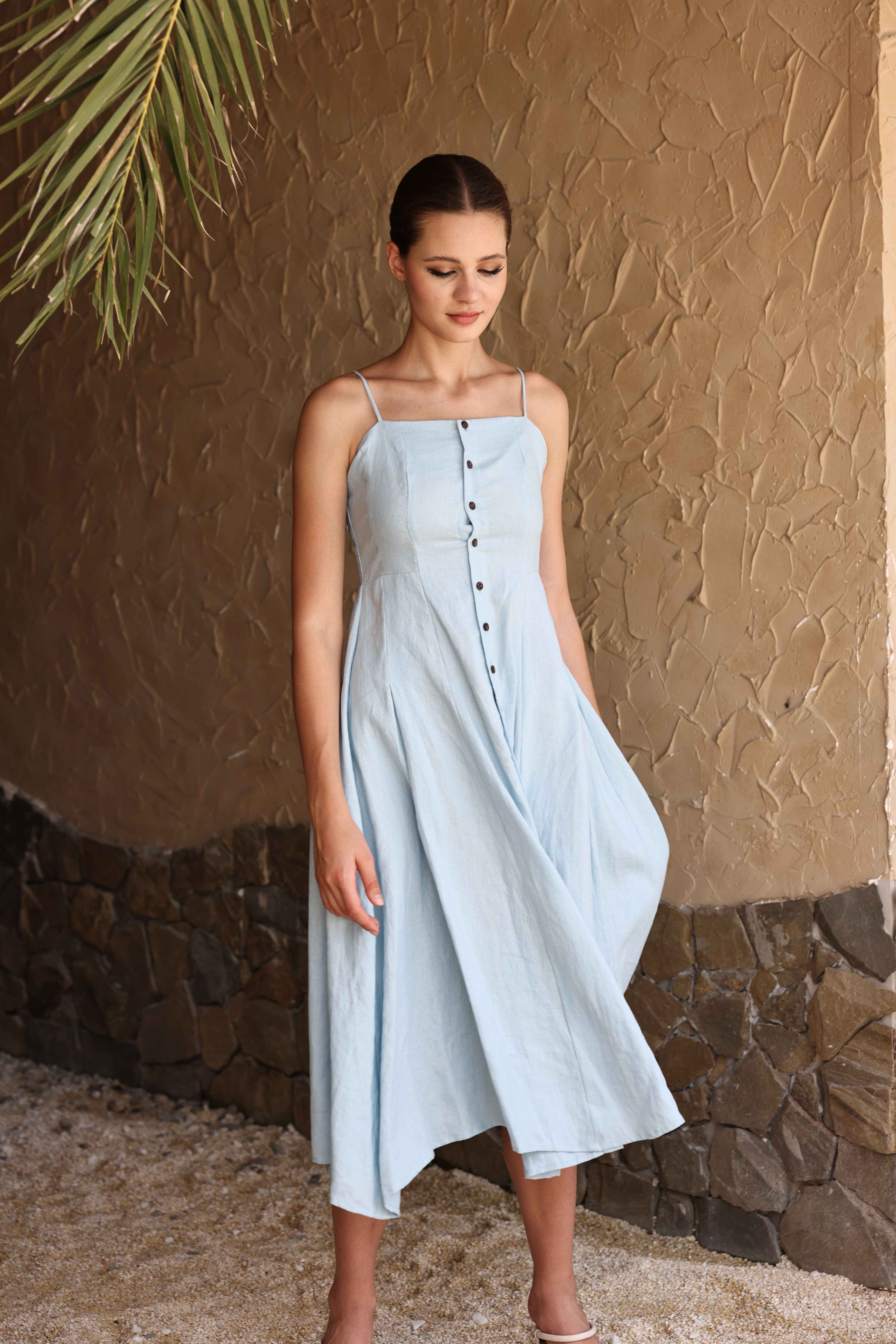 Button-down strap linen dress