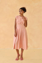 Cap sleeve pleated linen dress