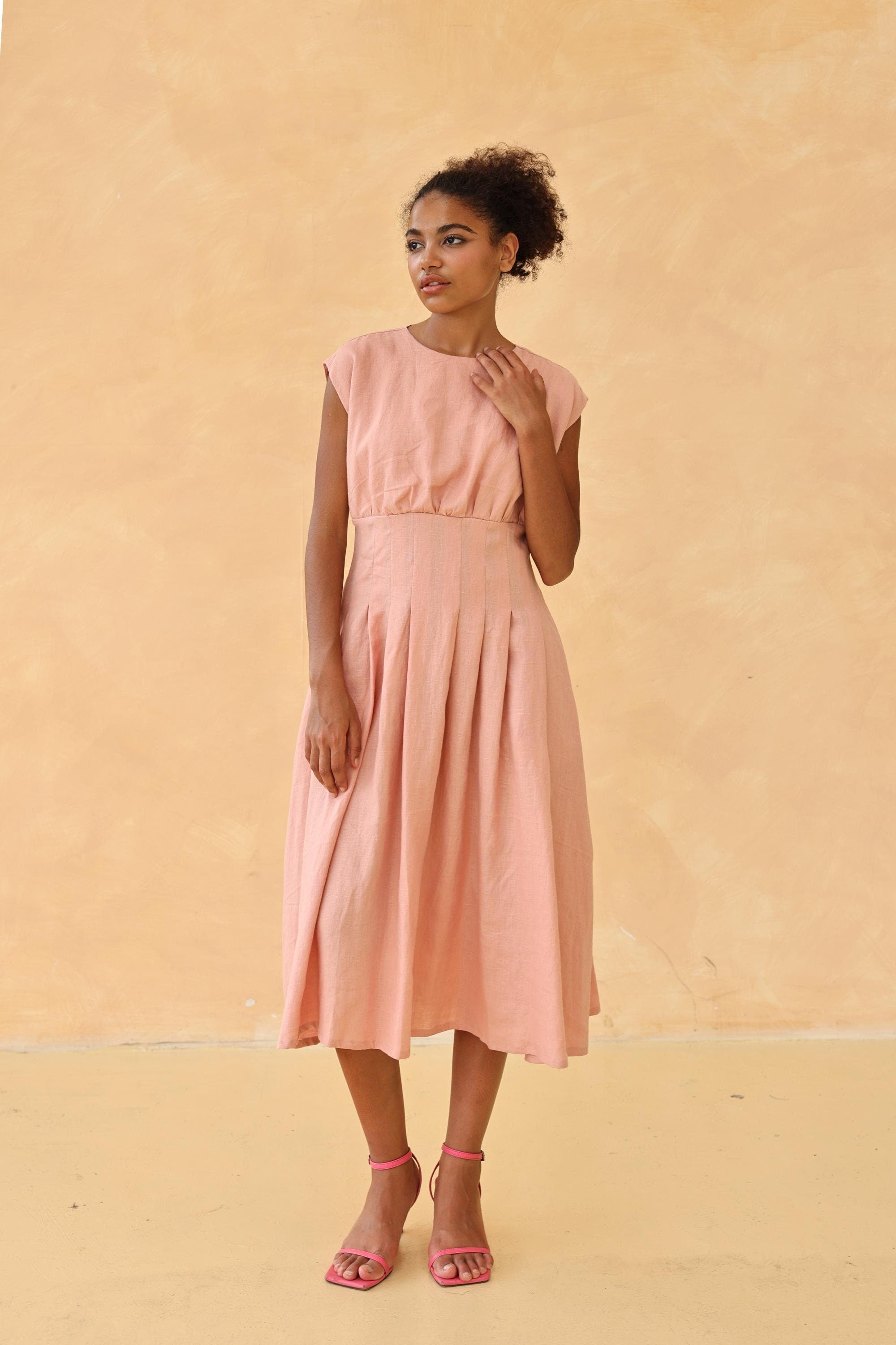 Cap sleeve pleated linen dress