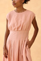 Cap sleeve pleated linen dress