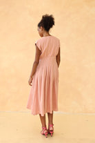 Cap sleeve pleated linen dress