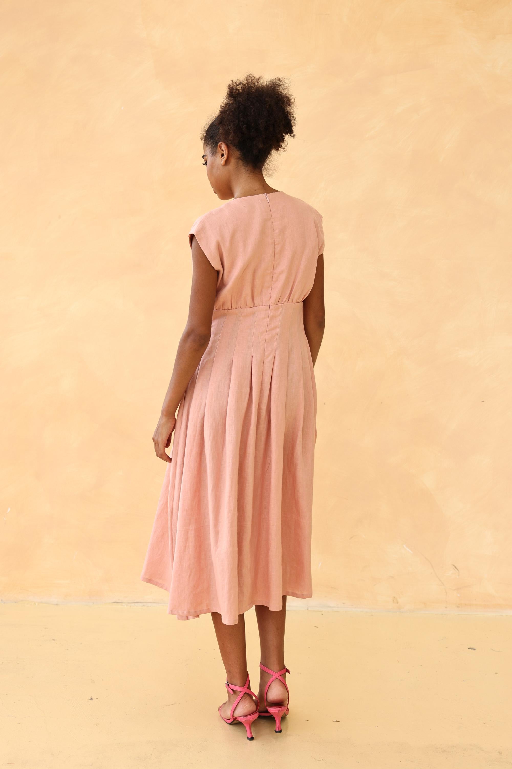 Cap sleeve pleated linen dress