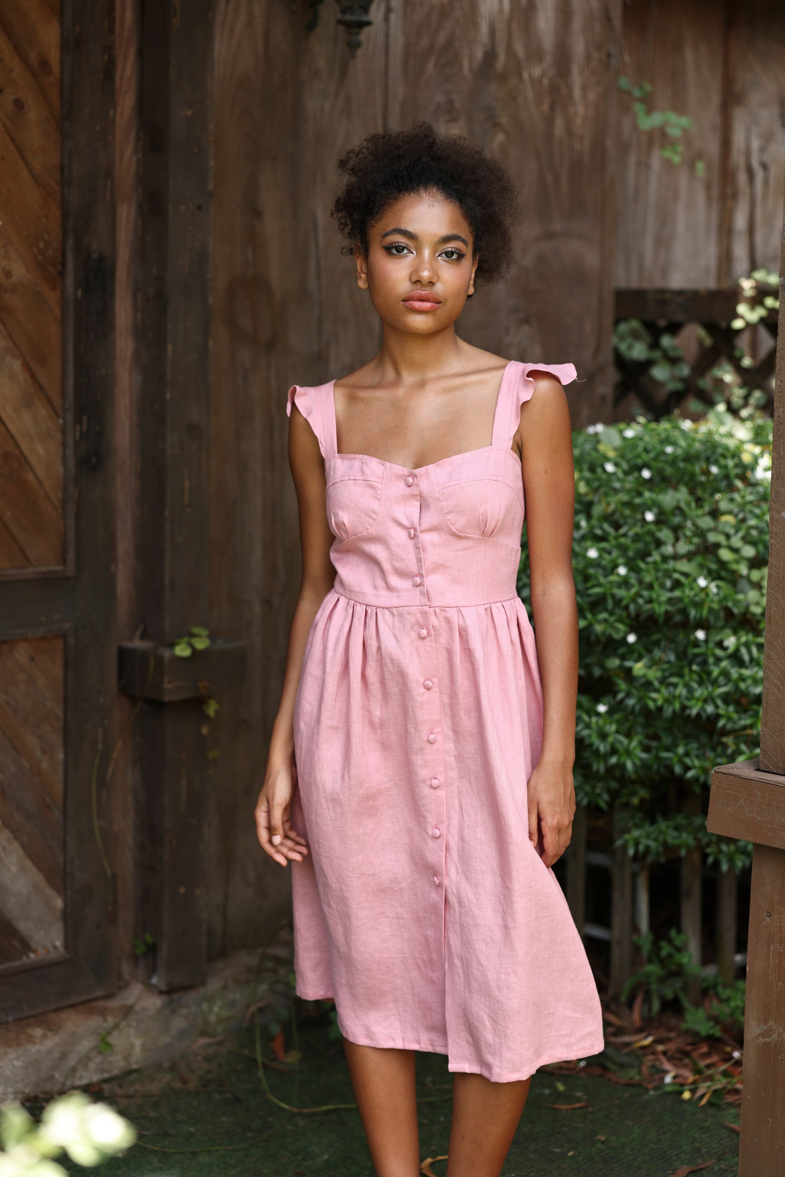 Casual pink linen sundress