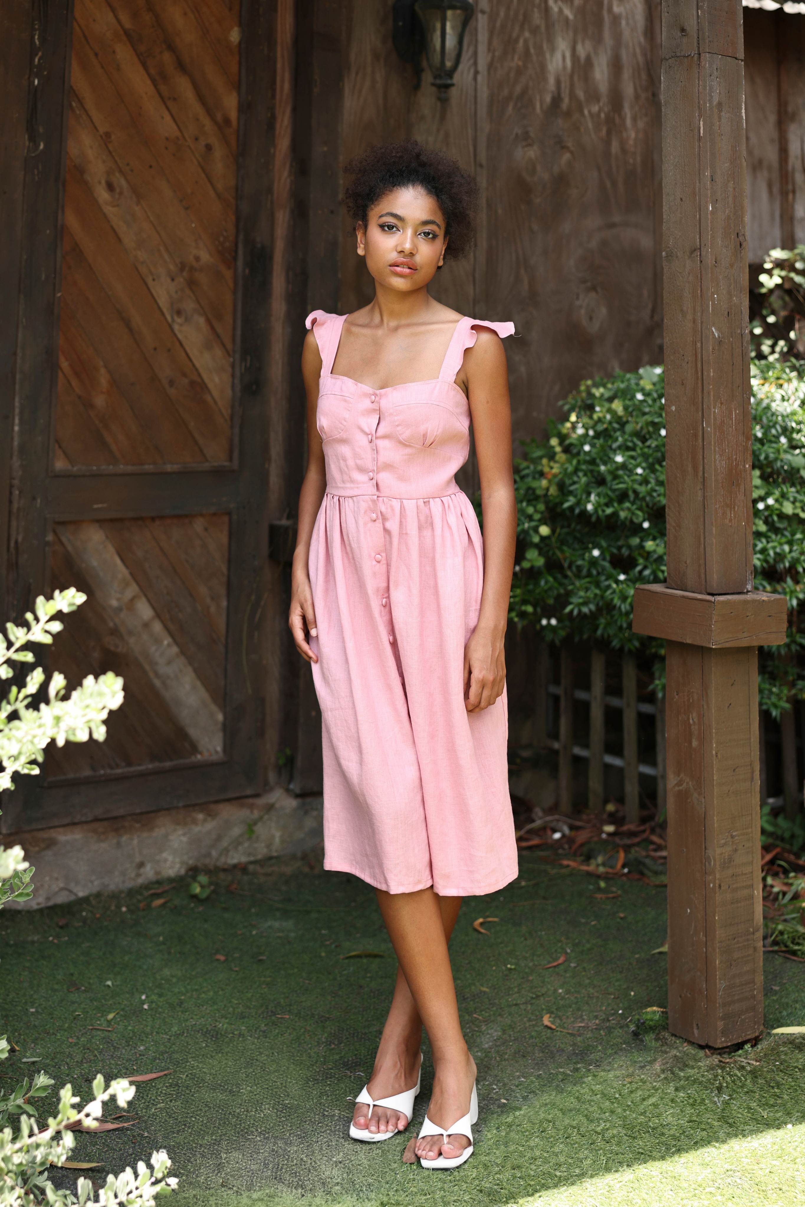 Casual pink linen sundress