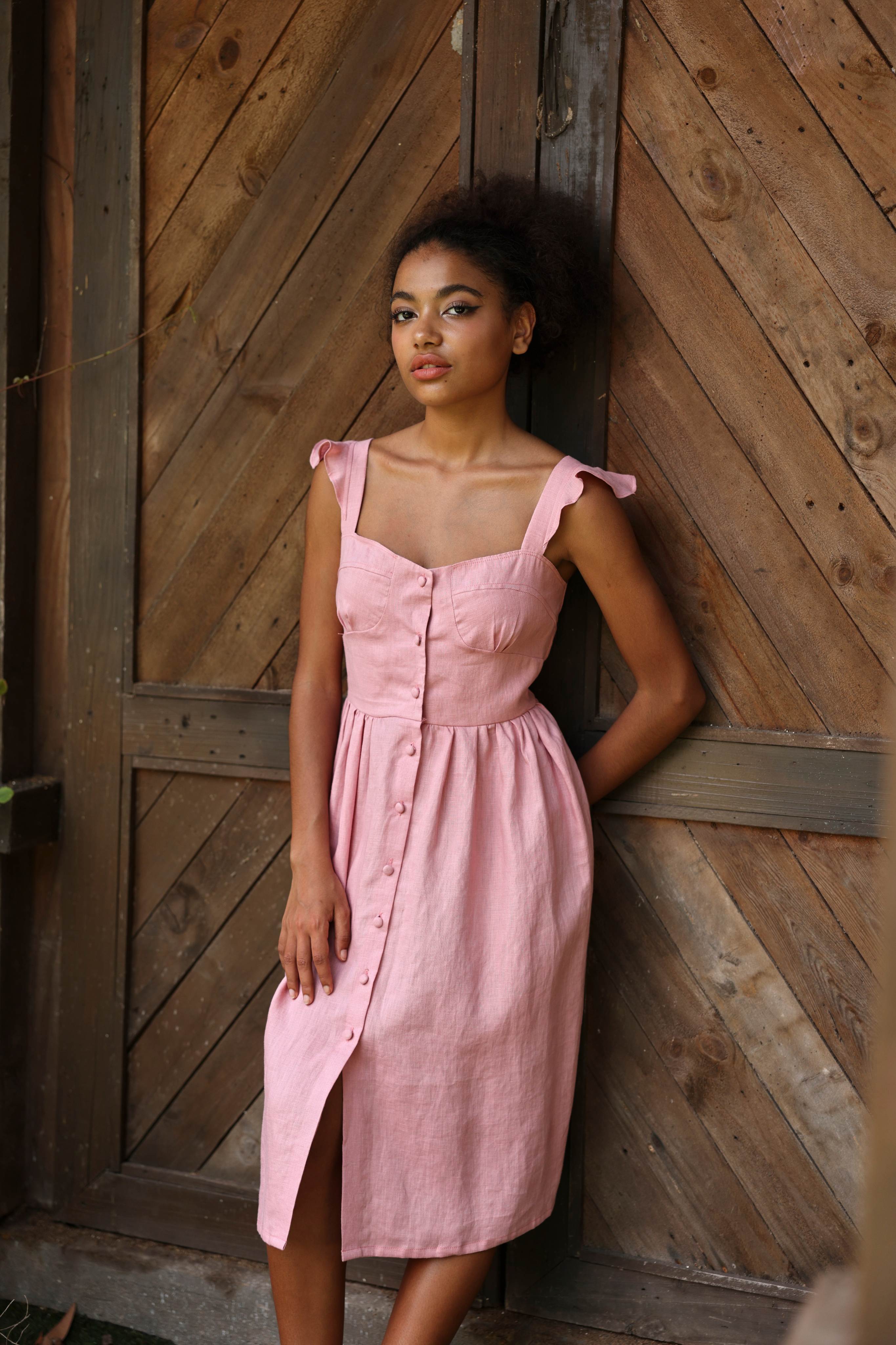 Casual pink linen sundress