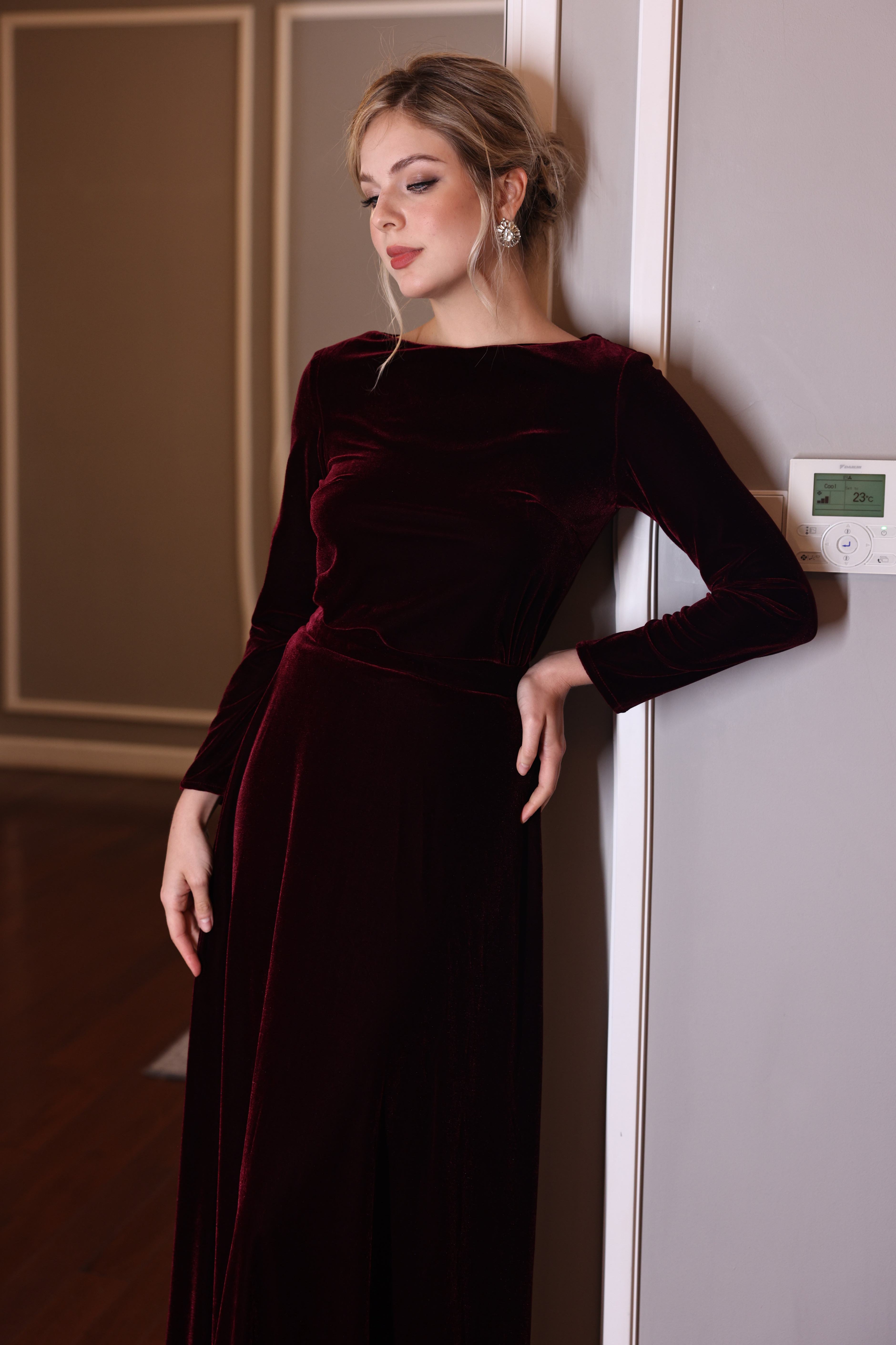 classic wine velvet maxi dress