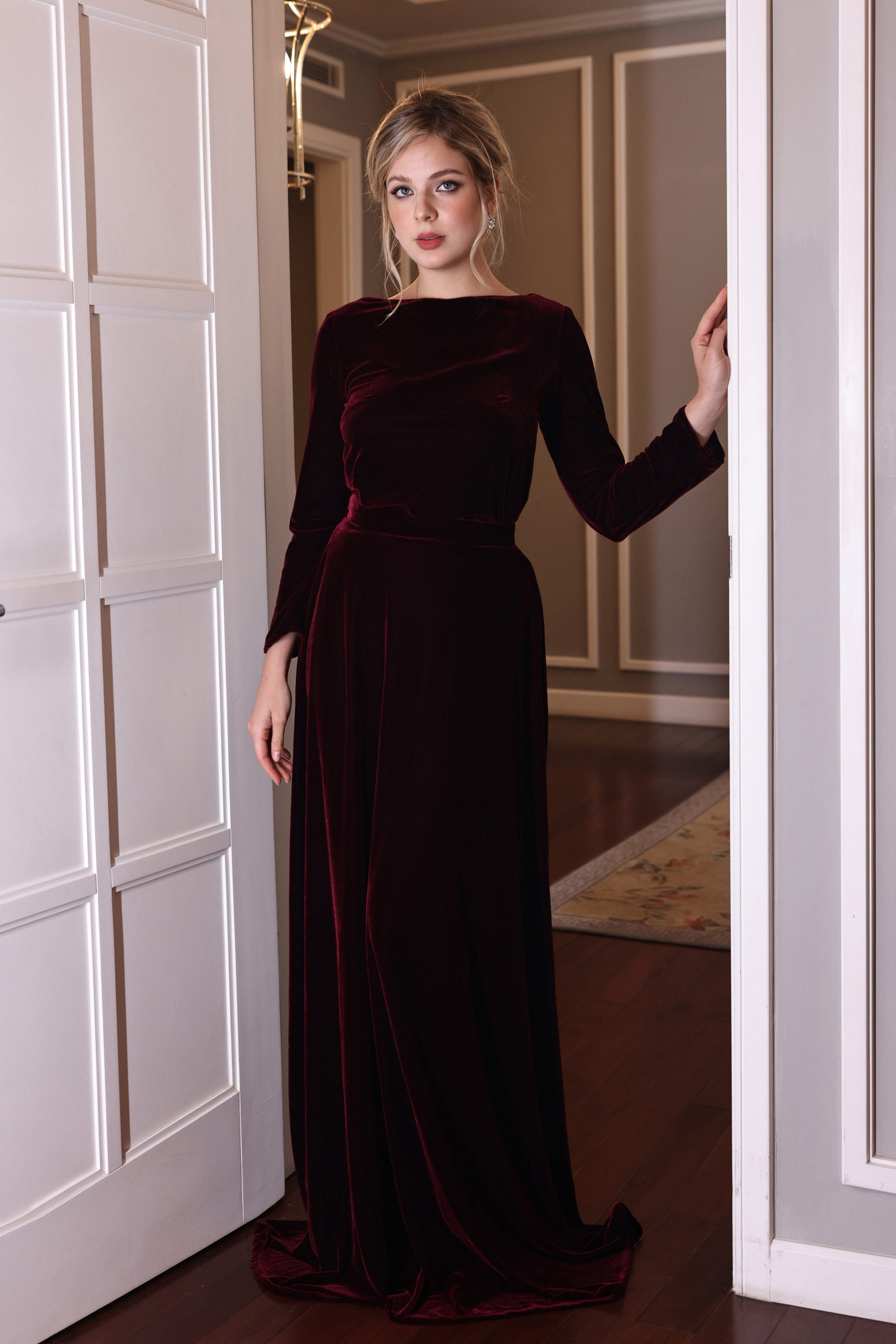 classic wine velvet maxi dress