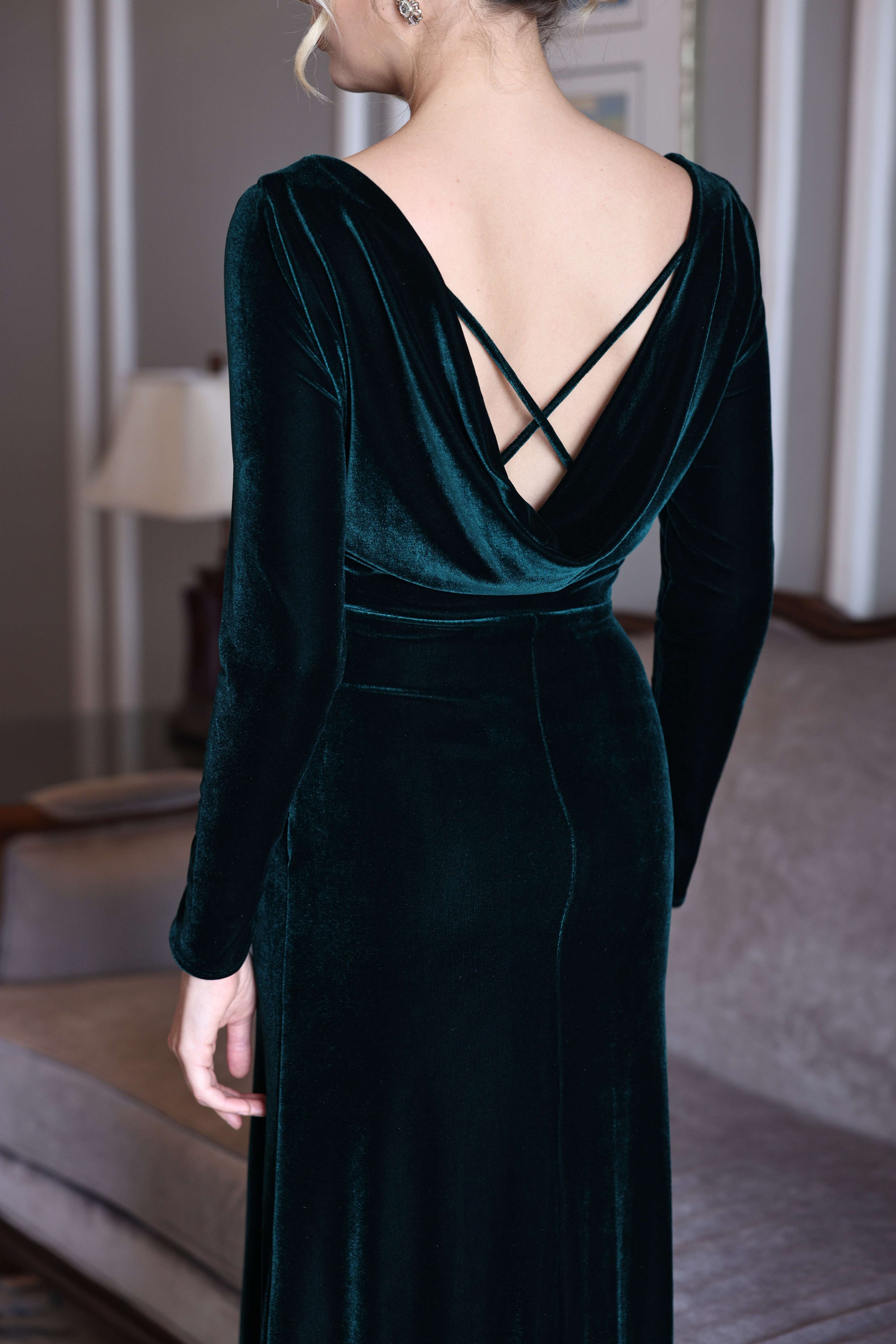 Crisscross back velvet evening gown