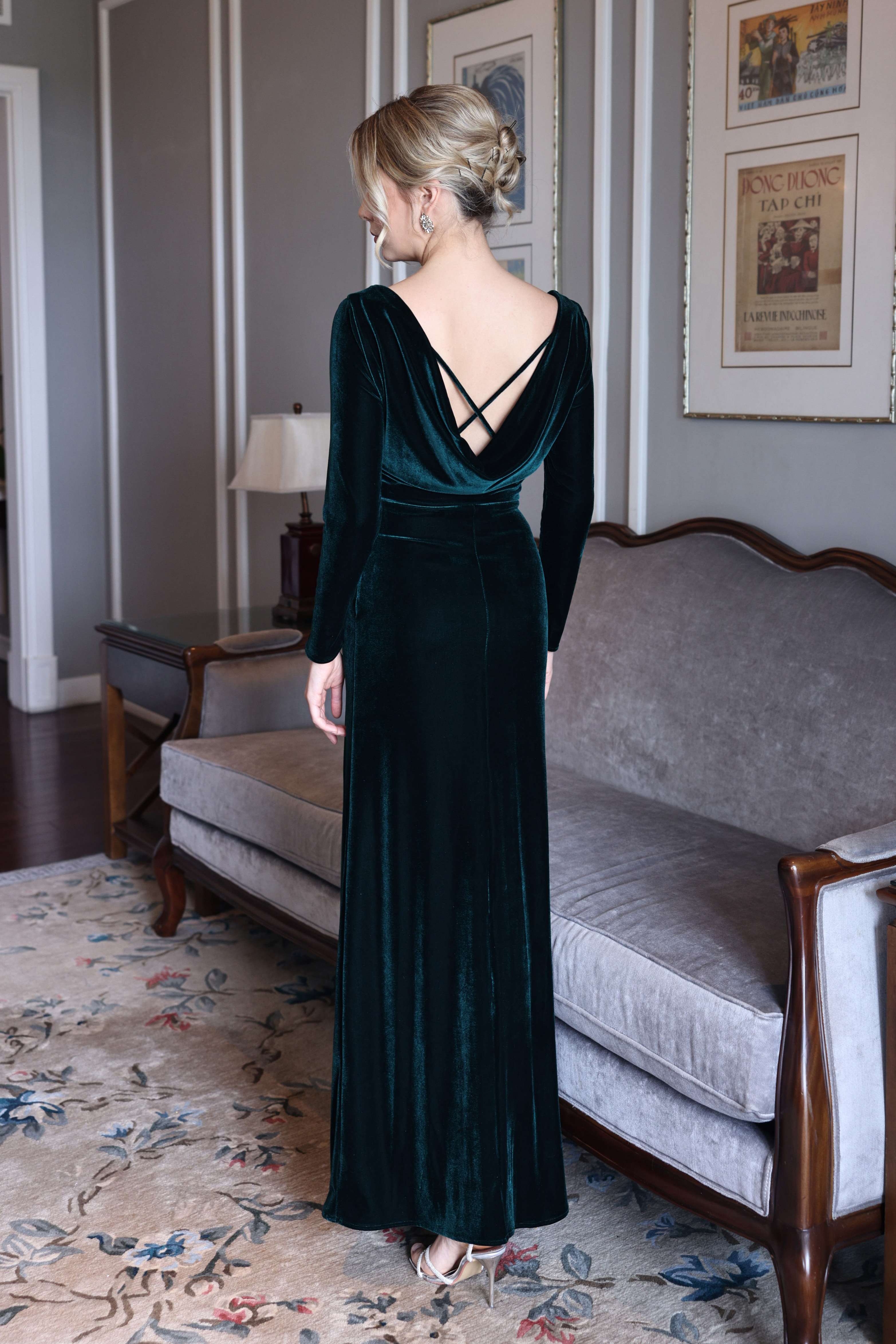 Crisscross back velvet evening gown