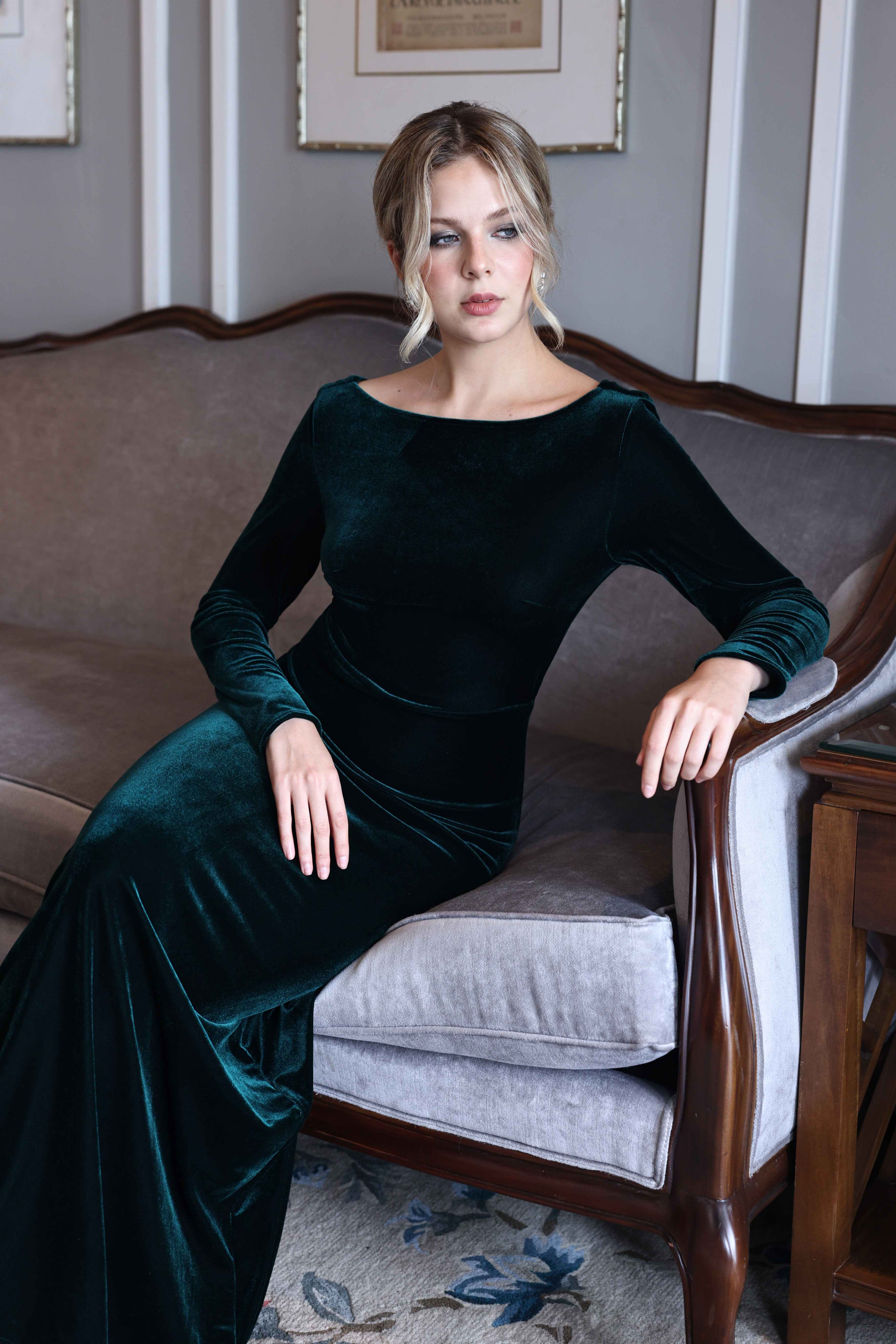 Crisscross back velvet evening gown