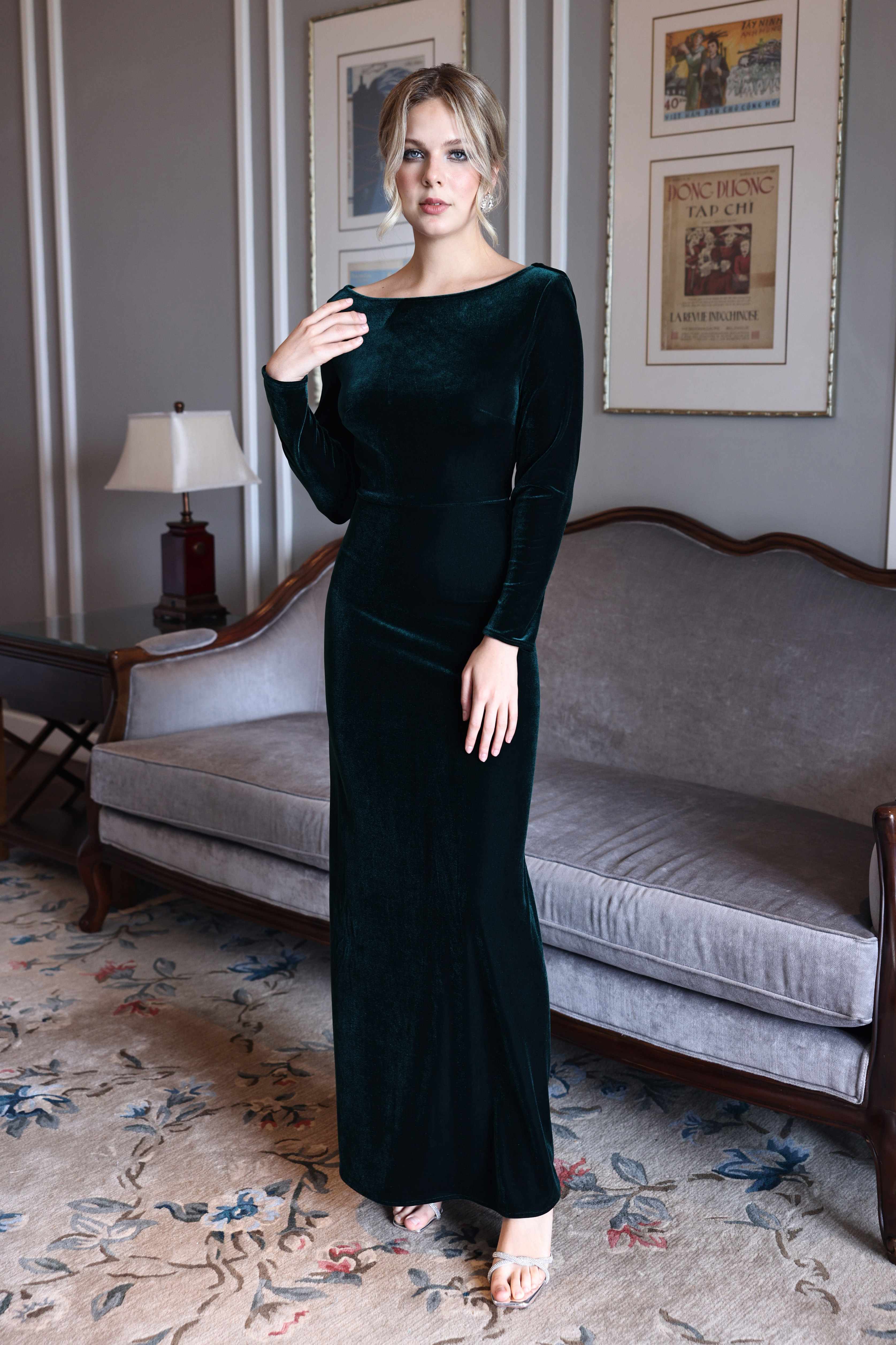 Crisscross back velvet evening gown
