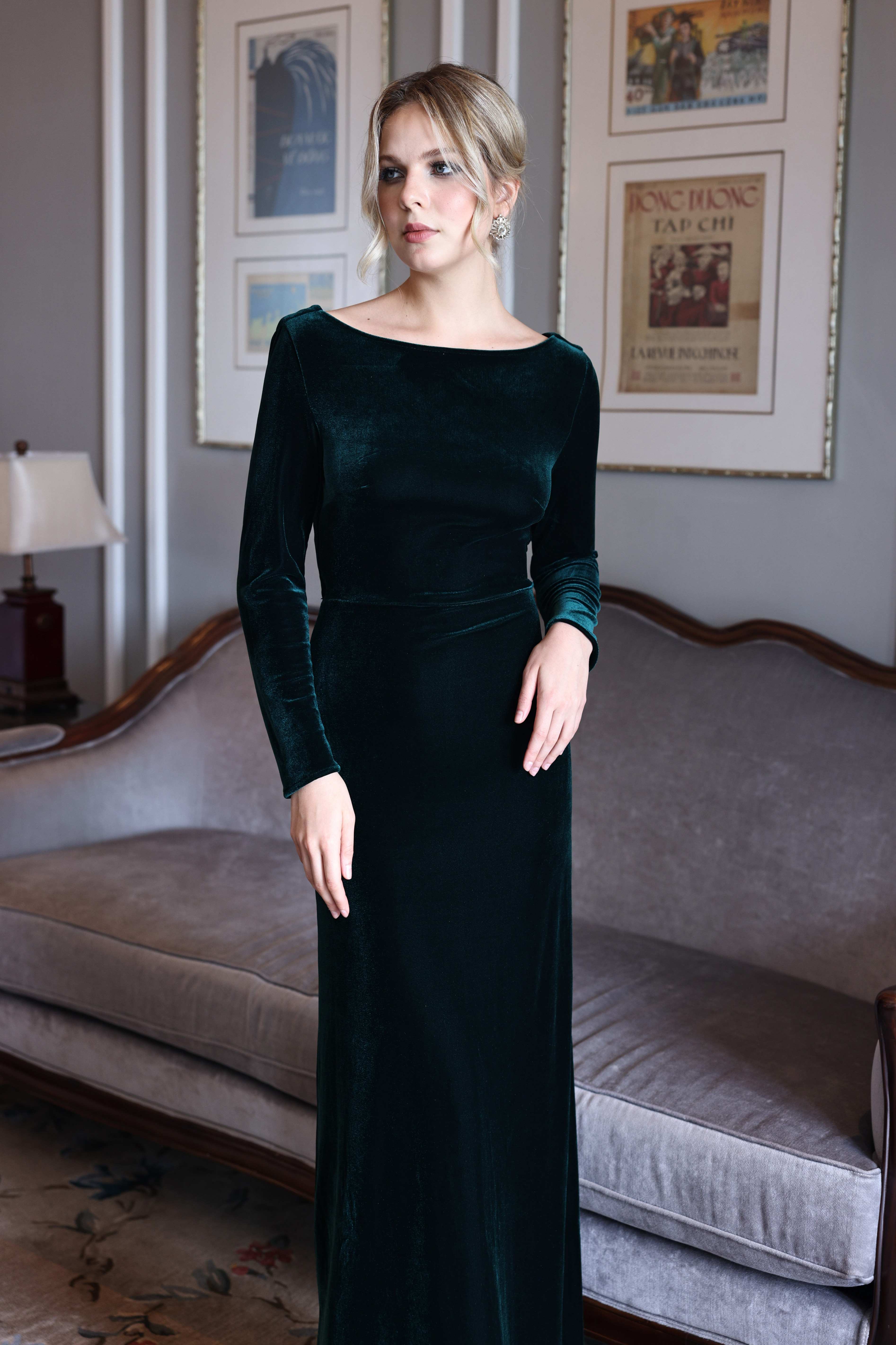 Crisscross back velvet evening gown
