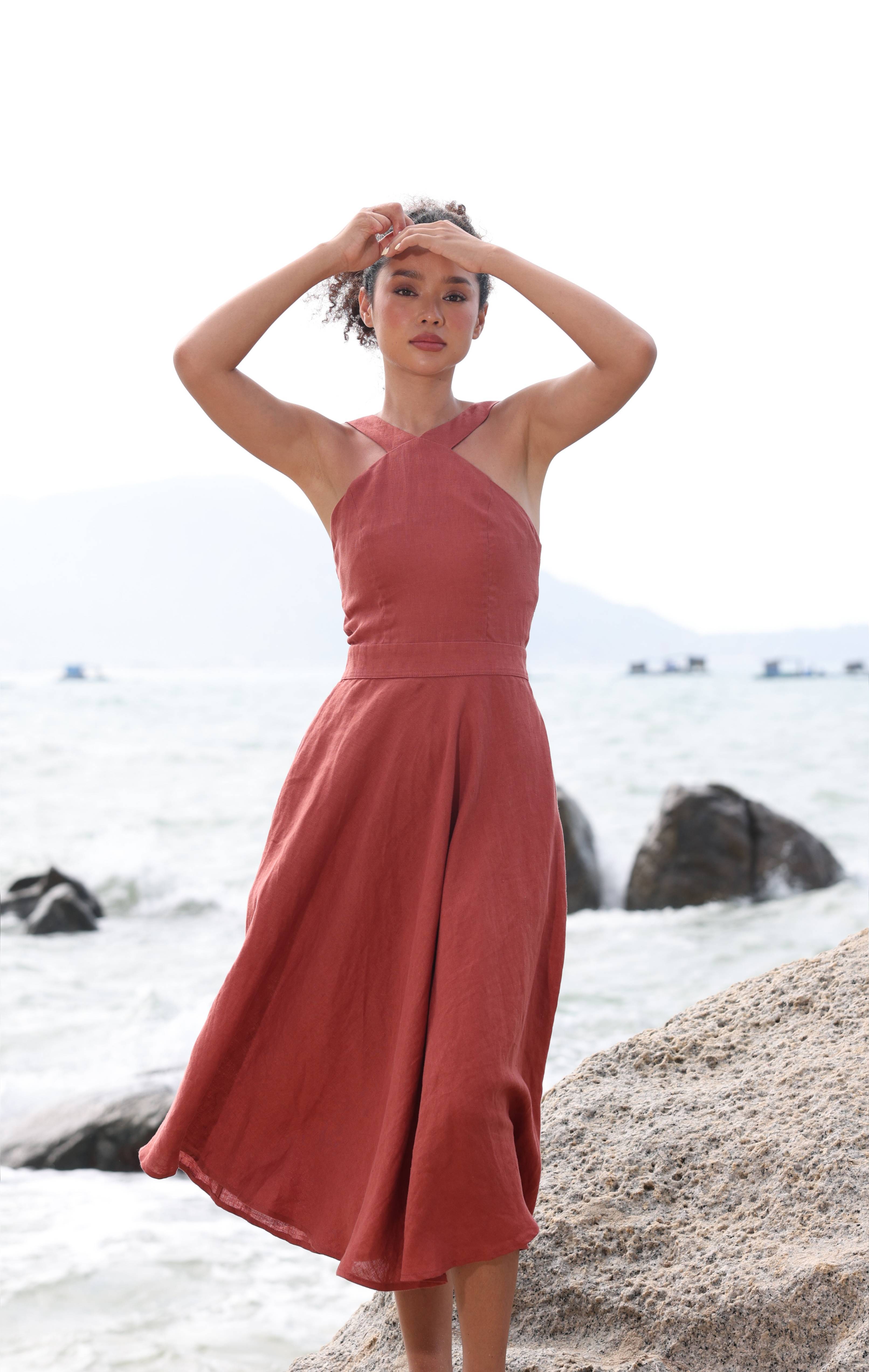 Cross front linen dress