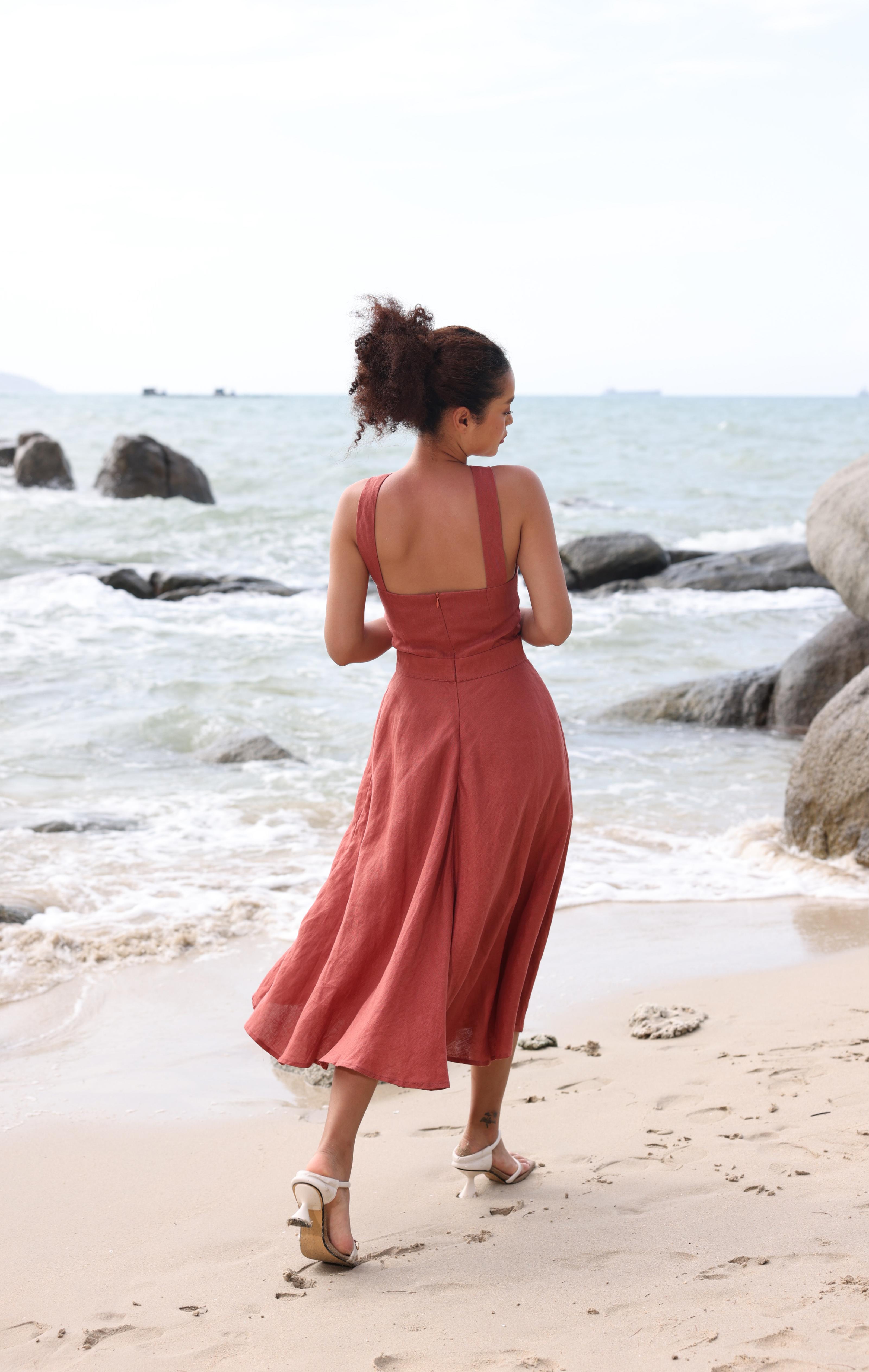 Cross front linen dress