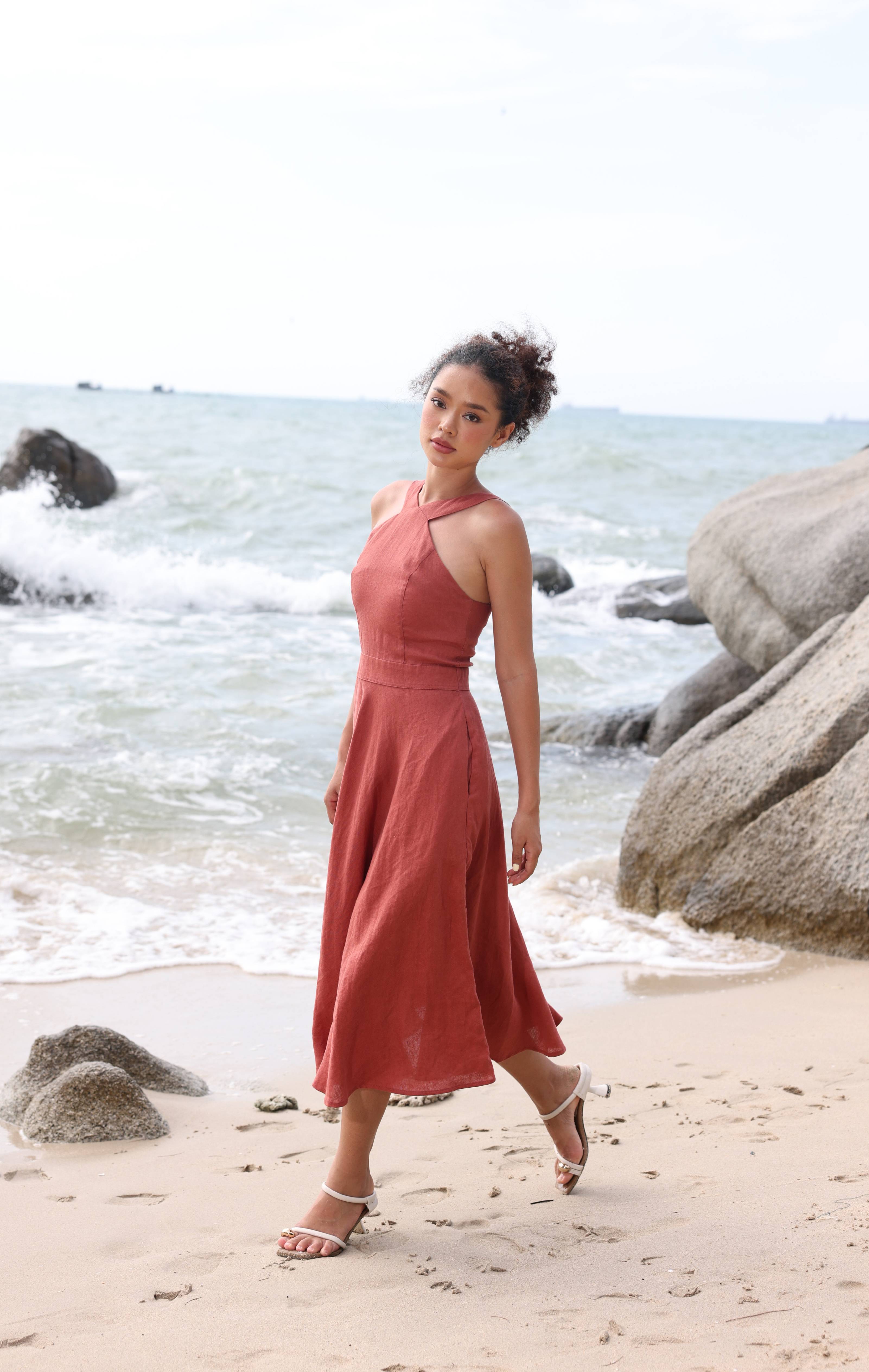 Cross front linen dress