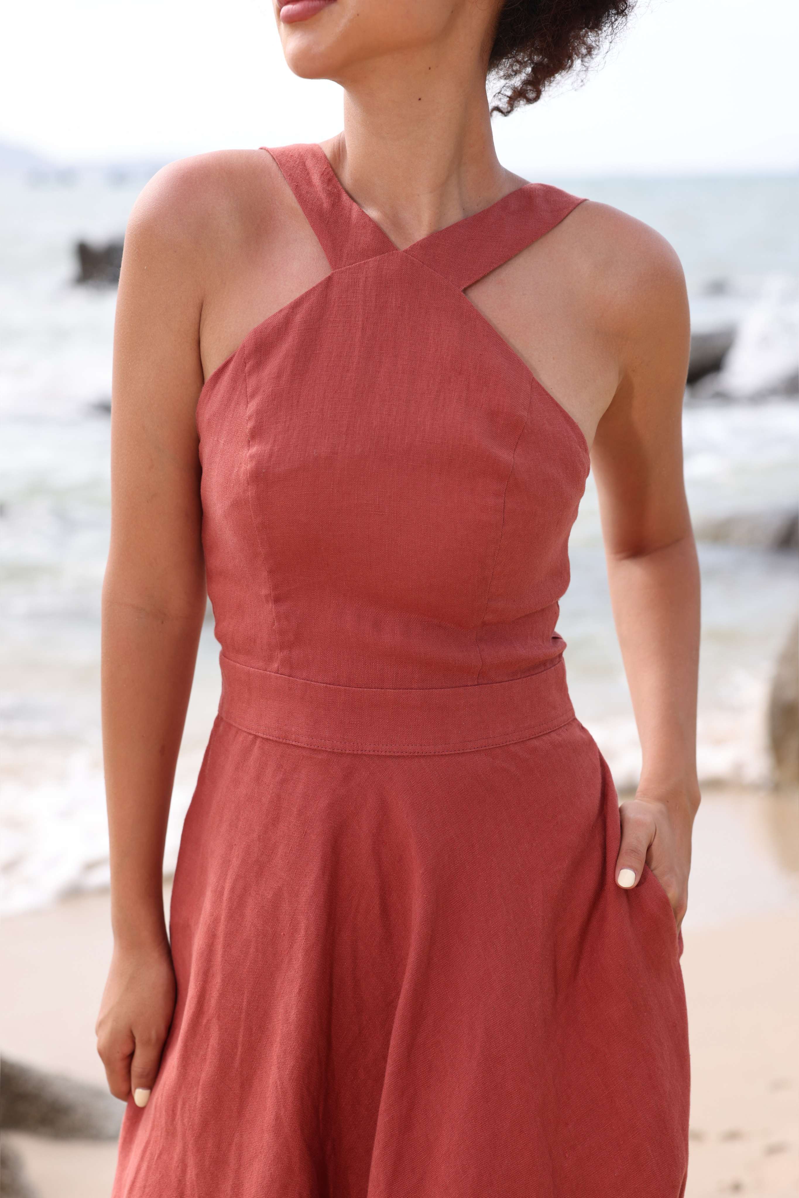 Cross front linen dress